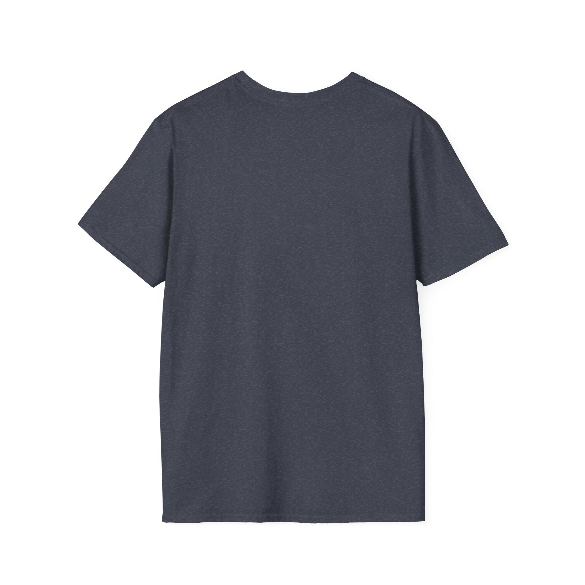 Back of the plain Heather Navy t-shirt, no print, laid flat on white