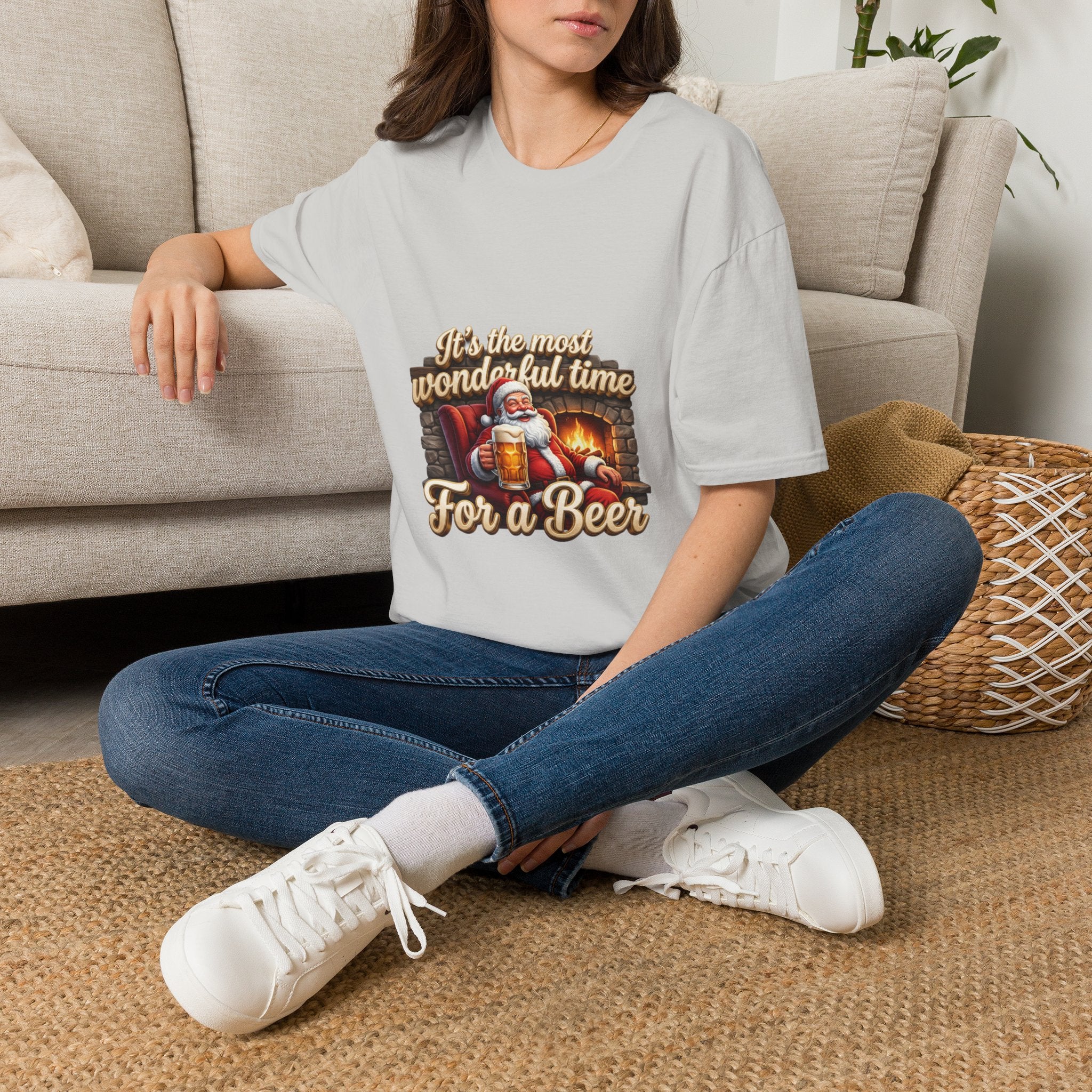 Most Wonderful Time for a Beer Santa t-shirt in Ice Grey, worn by a woman seated on a rug
