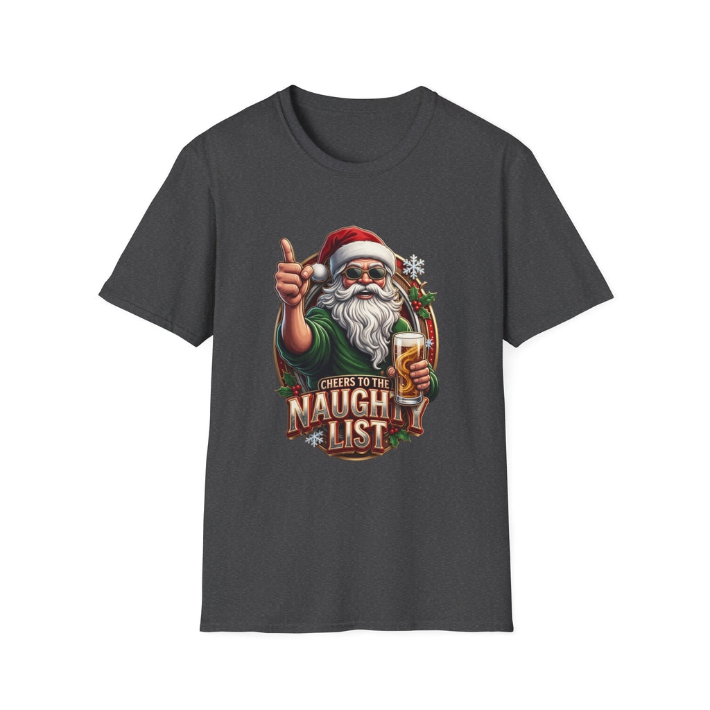 Cheers to the Naughty List Santa Beer print on the front of a Dark Heather t-shirt, laid flat on white