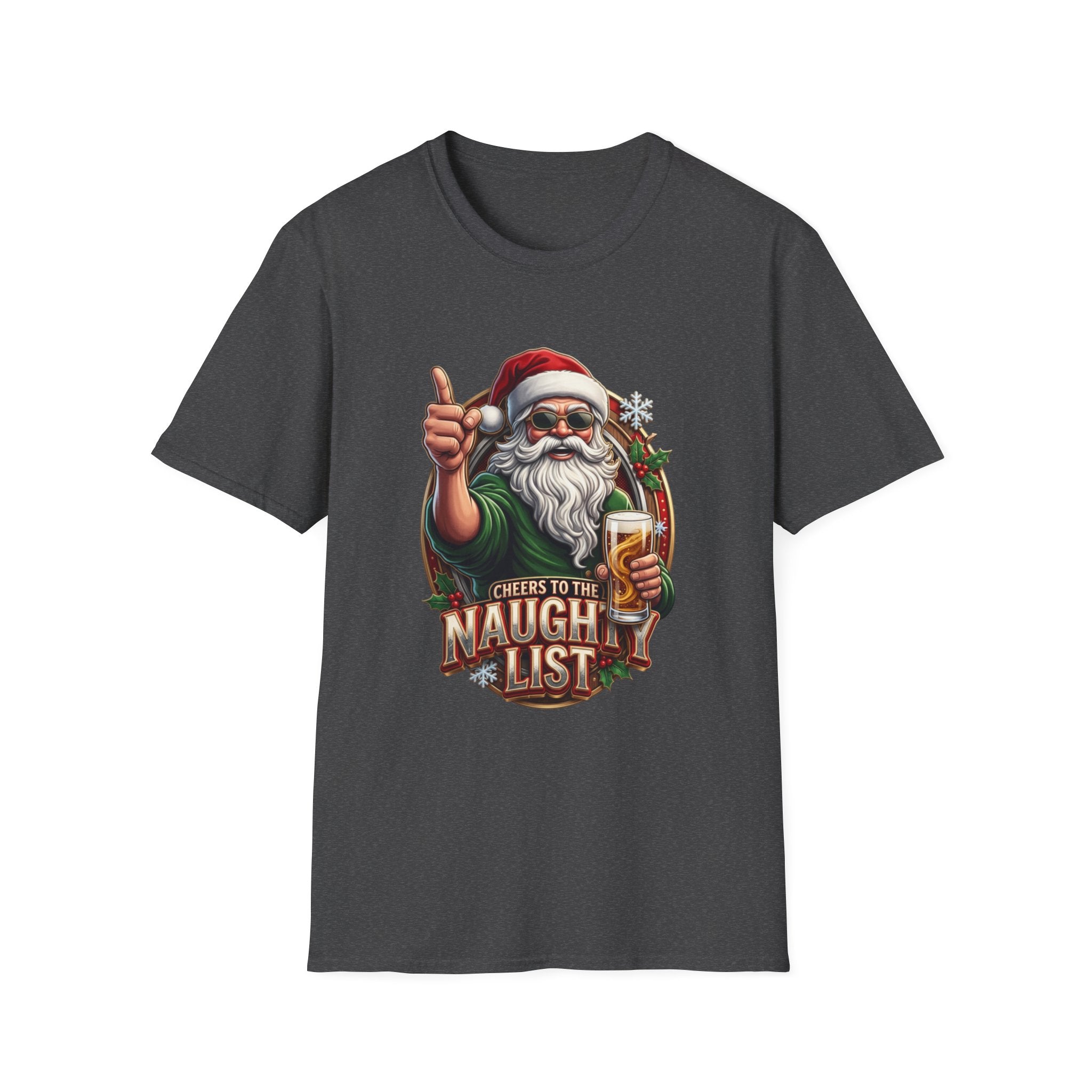 Cheers to the Naughty List Santa Beer print on the front of a Dark Heather t-shirt, laid flat on white
