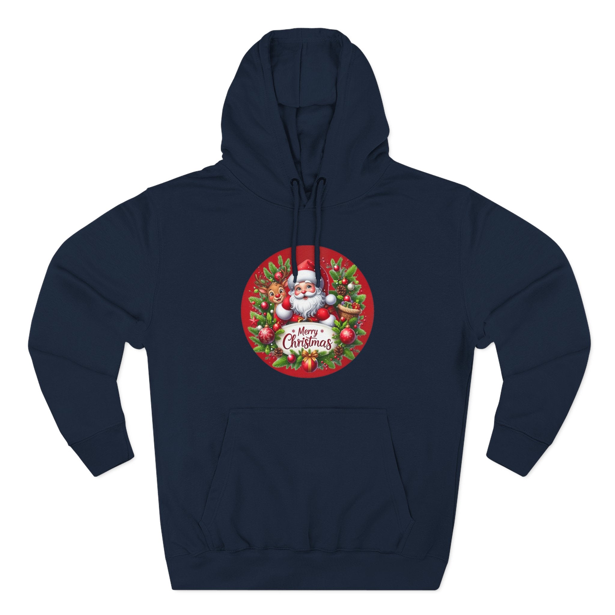Santa & Reindeer Merry Christmas Wreath Hoodie, shown in Navy