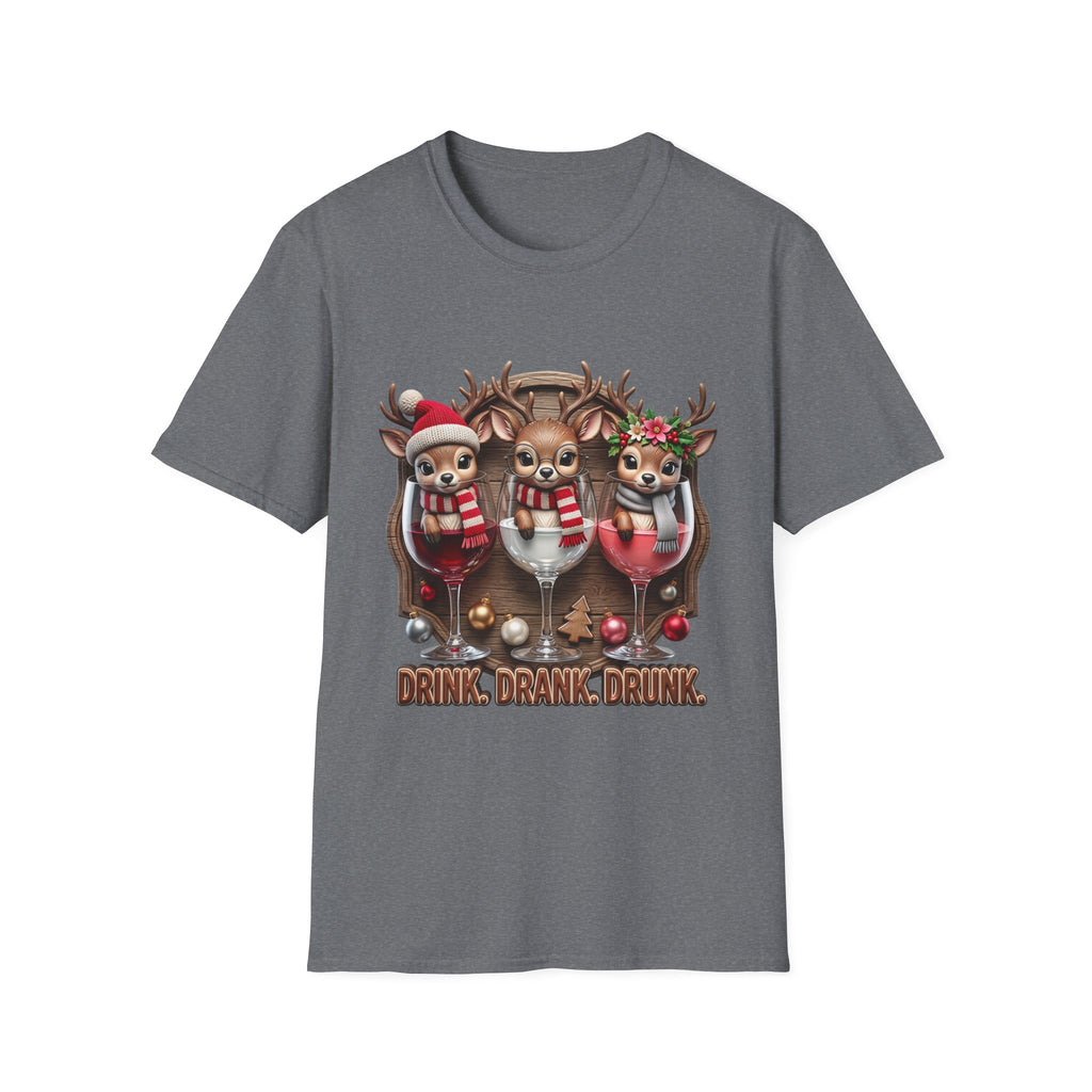 Drink Drank Drunk Reindeer Wine Trio print on the front of a Graphite Heather t-shirt, laid flat on white