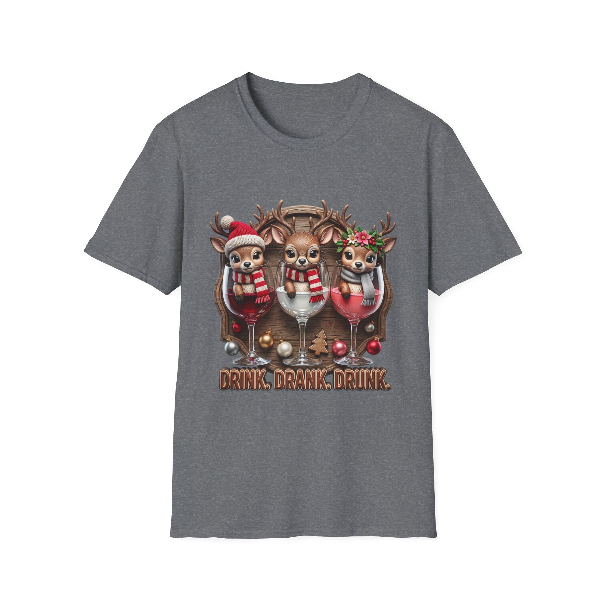 Drink Drank Drunk Reindeer Wine Trio print on the front of a Graphite Heather t-shirt, laid flat on white
