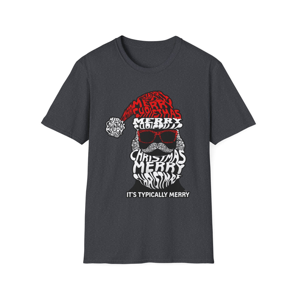 Cool Santa Sunglasses Typography Merry print on the front of a Dark Heather Grey t-shirt, laid flat on white