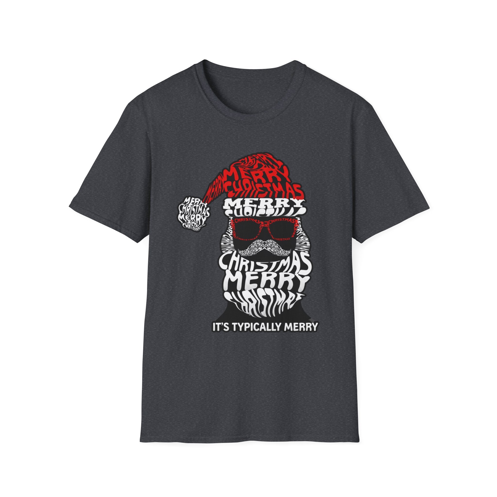 Cool Santa Sunglasses Typography Merry print on the front of a Dark Heather Grey t-shirt, laid flat on white
