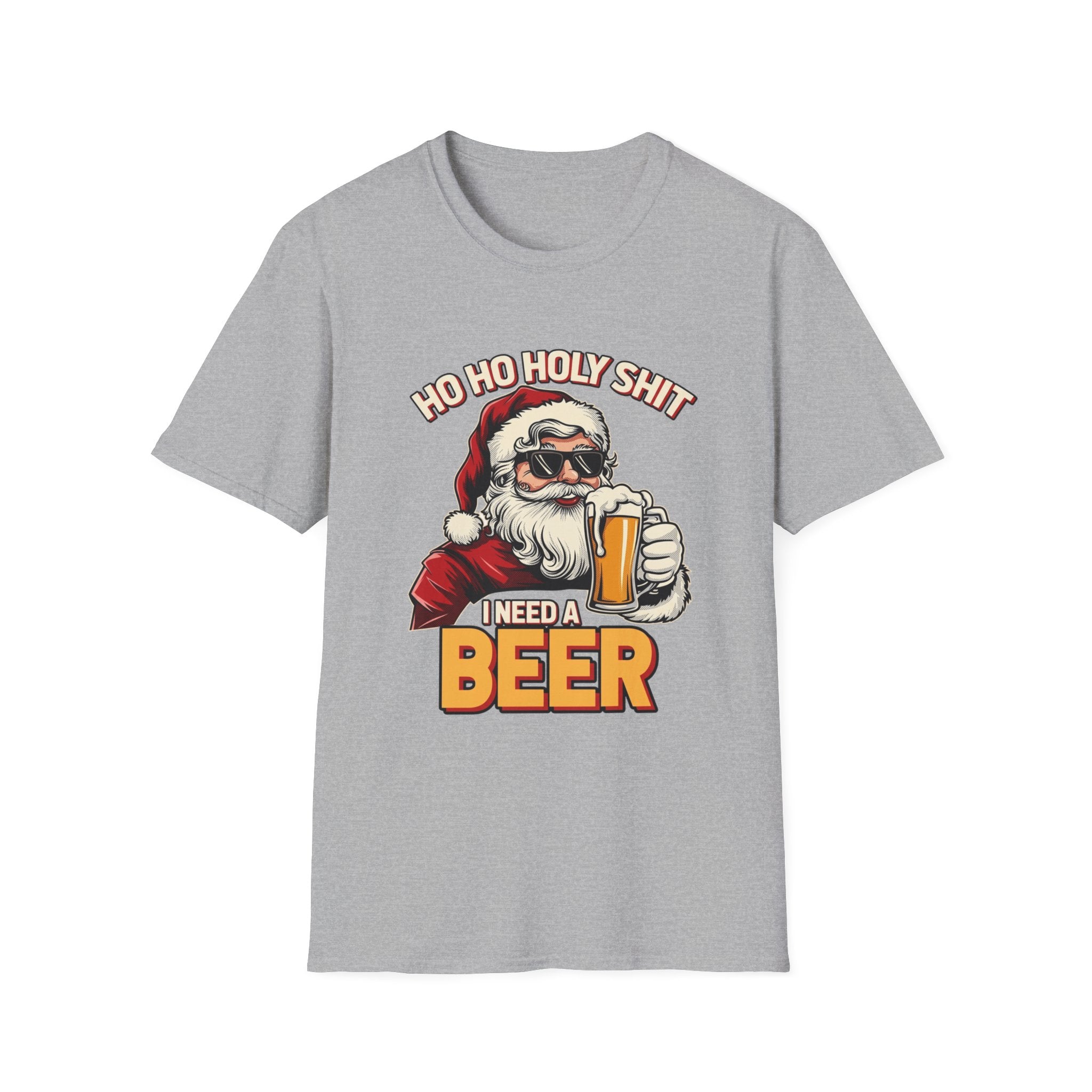Ho Ho Holy Sh*t I Need a Beer print on the front of a Sport Grey t-shirt, laid flat on white
