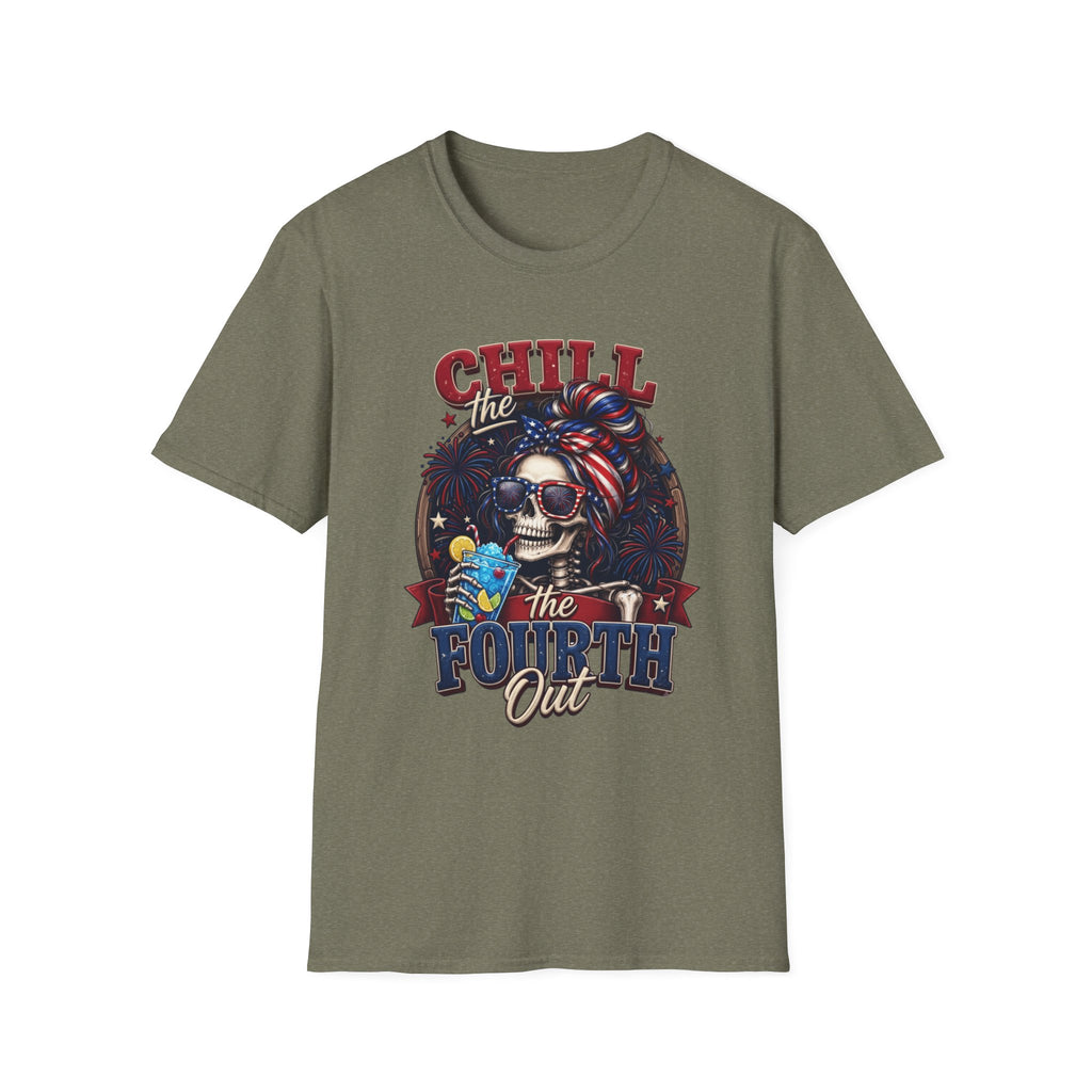 Chill the Fourth Out Patriotic Skeleton 4th of July print on the front of a Heather Military Green t-shirt, laid flat on…