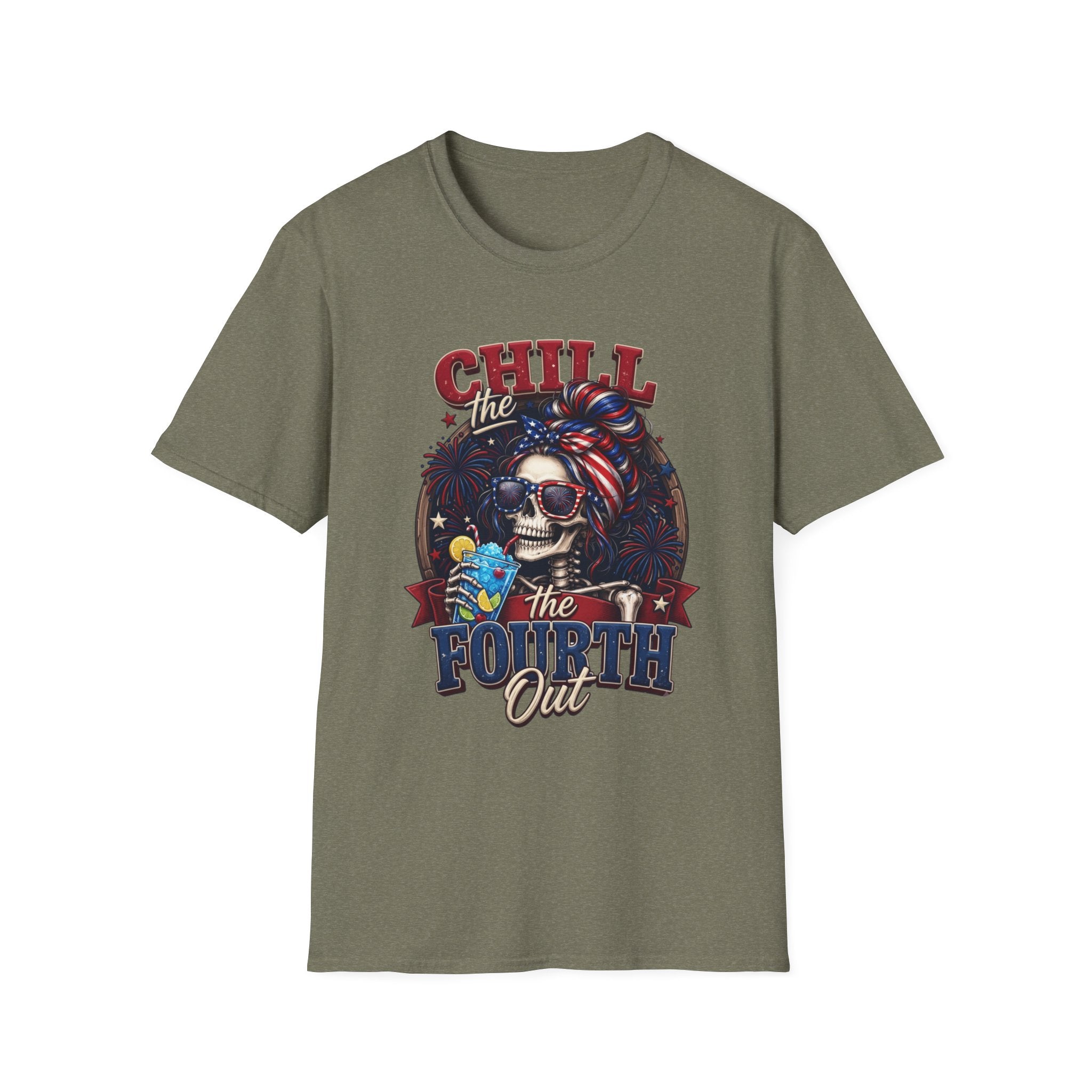 Chill the Fourth Out Patriotic Skeleton 4th of July print on the front of a Heather Military Green t-shirt, laid flat on…