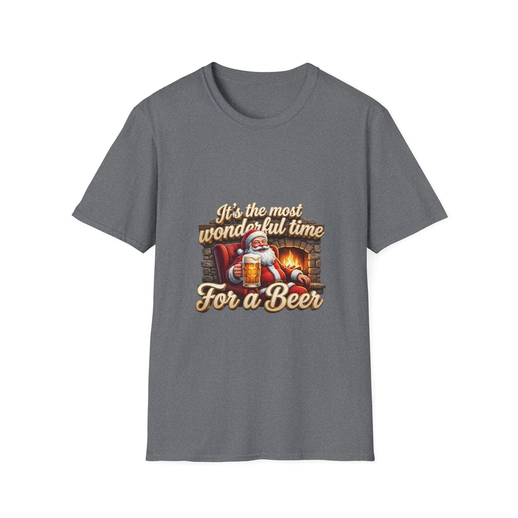 Most Wonderful Time for a Beer Santa print on the front of a Graphite Heather t-shirt, laid flat on white