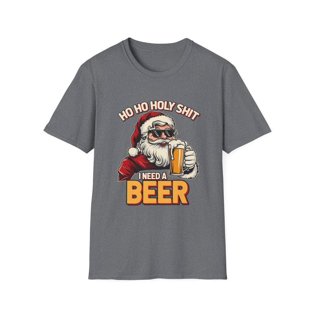 Ho Ho Holy Sh*t I Need a Beer print on the front of a Graphite Heather t-shirt, laid flat on white