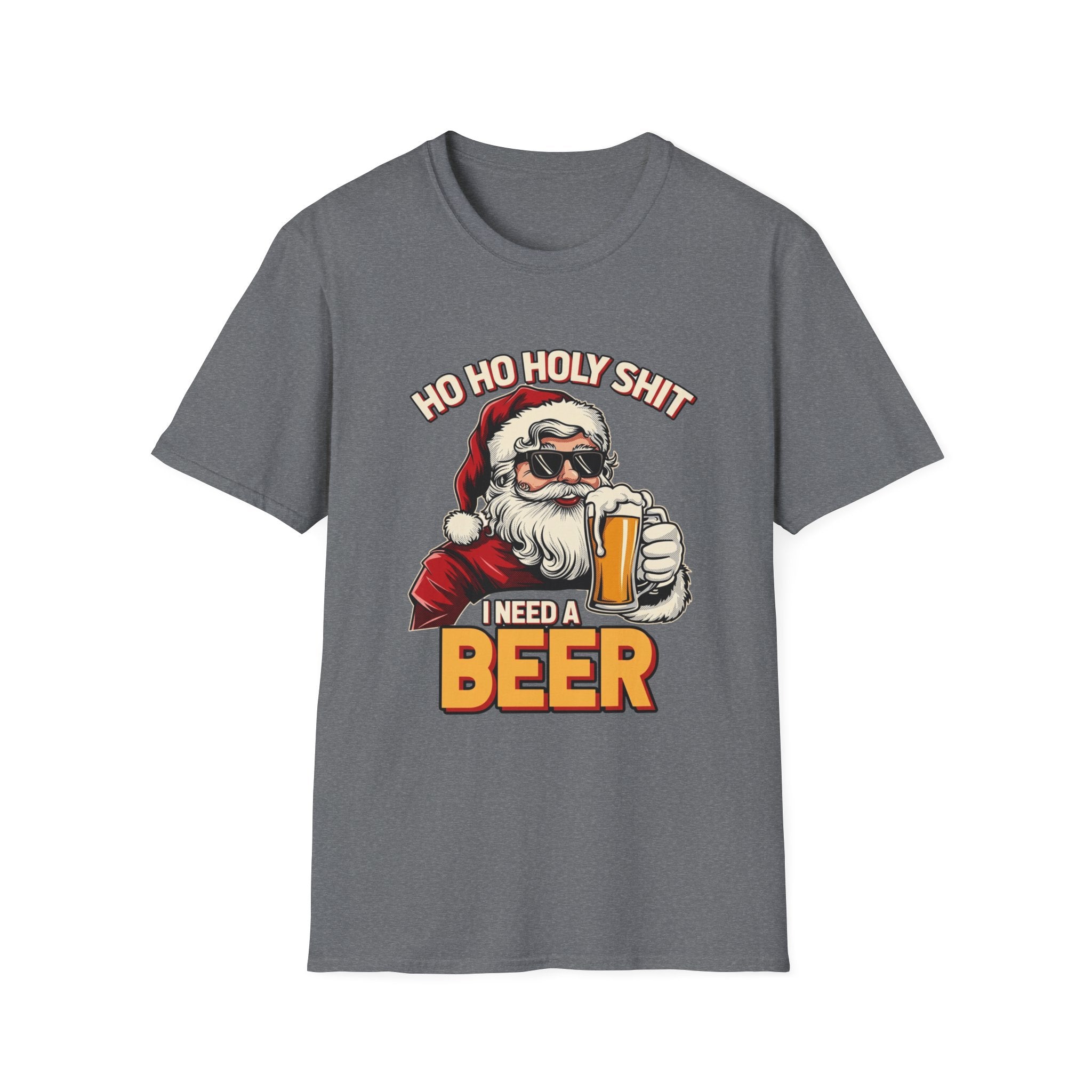 Ho Ho Holy Sh*t I Need a Beer print on the front of a Graphite Heather t-shirt, laid flat on white