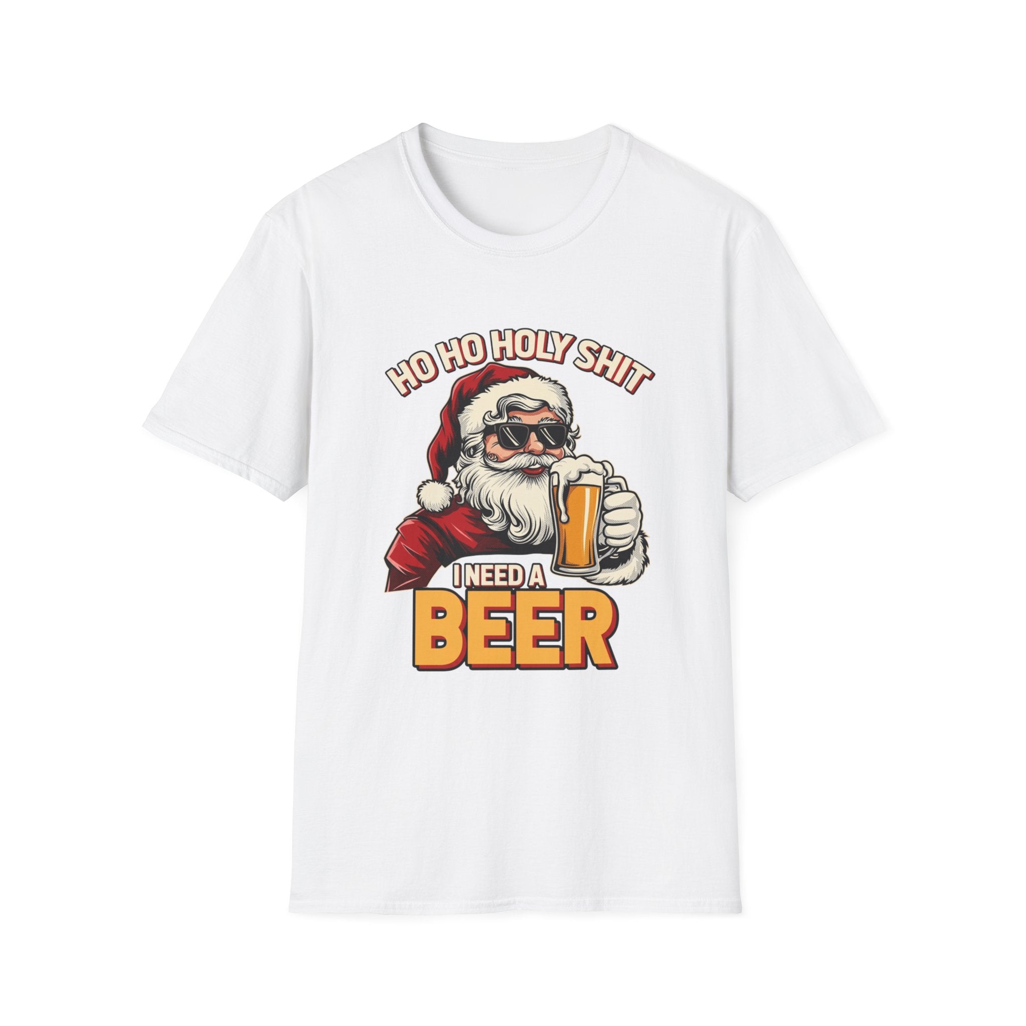Ho Ho Holy Sh*t I Need a Beer print on the front of a White t-shirt, laid flat on white