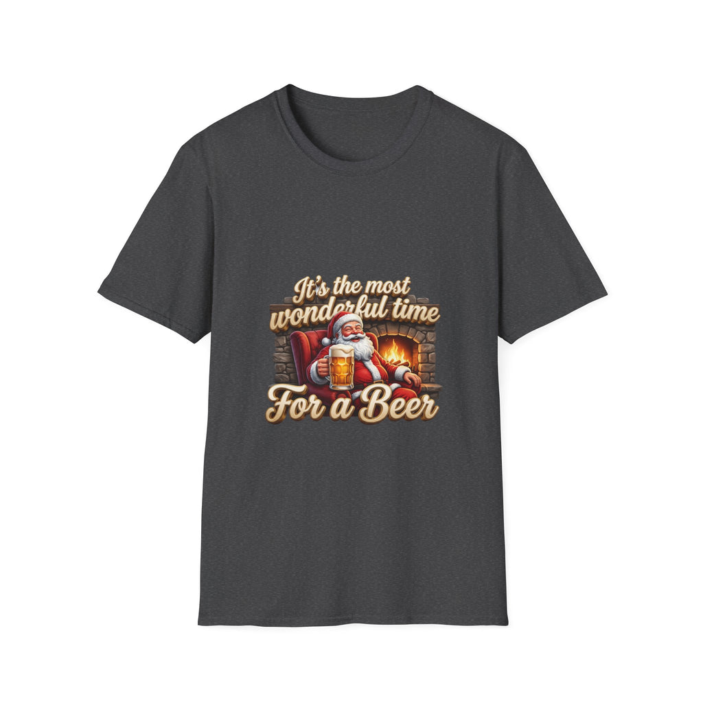 Most Wonderful Time for a Beer Santa print on the front of a Dark Heather t-shirt, laid flat on white