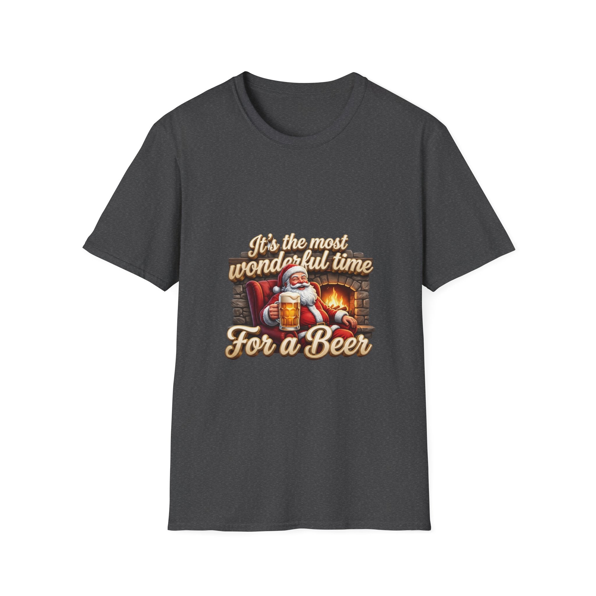 Most Wonderful Time for a Beer Santa print on the front of a Dark Heather t-shirt, laid flat on white