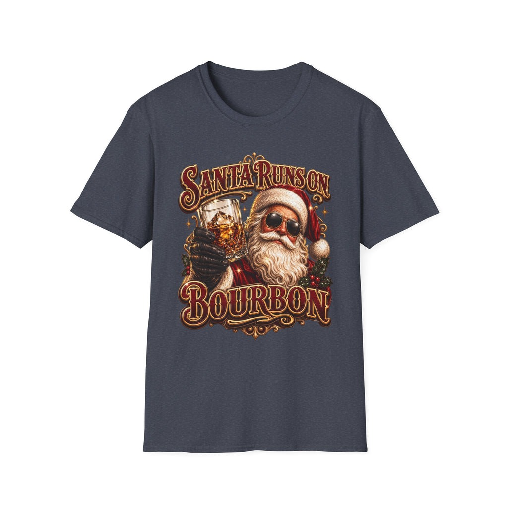 Santa Runs on Bourbon Vintage Whiskey print on the front of a Heather Navy t-shirt, laid flat on white