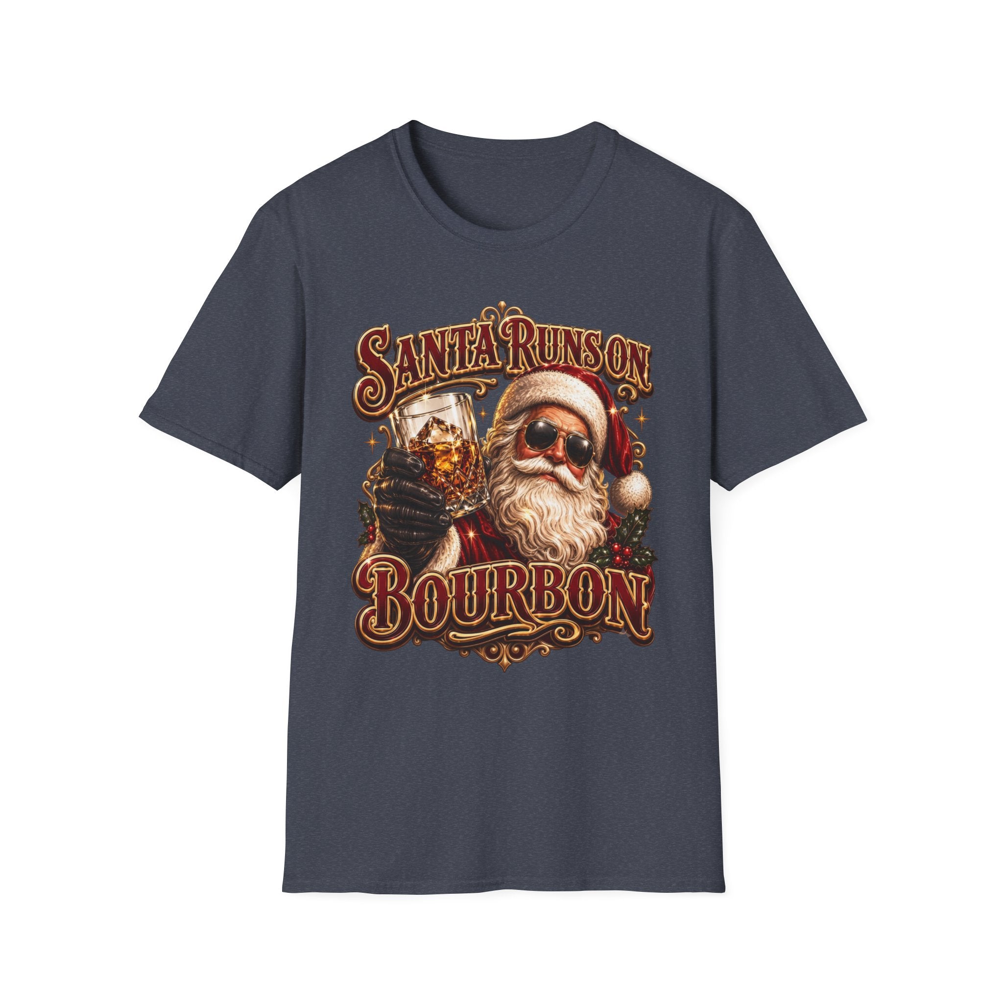 Santa Runs on Bourbon Vintage Whiskey print on the front of a Heather Navy t-shirt, laid flat on white