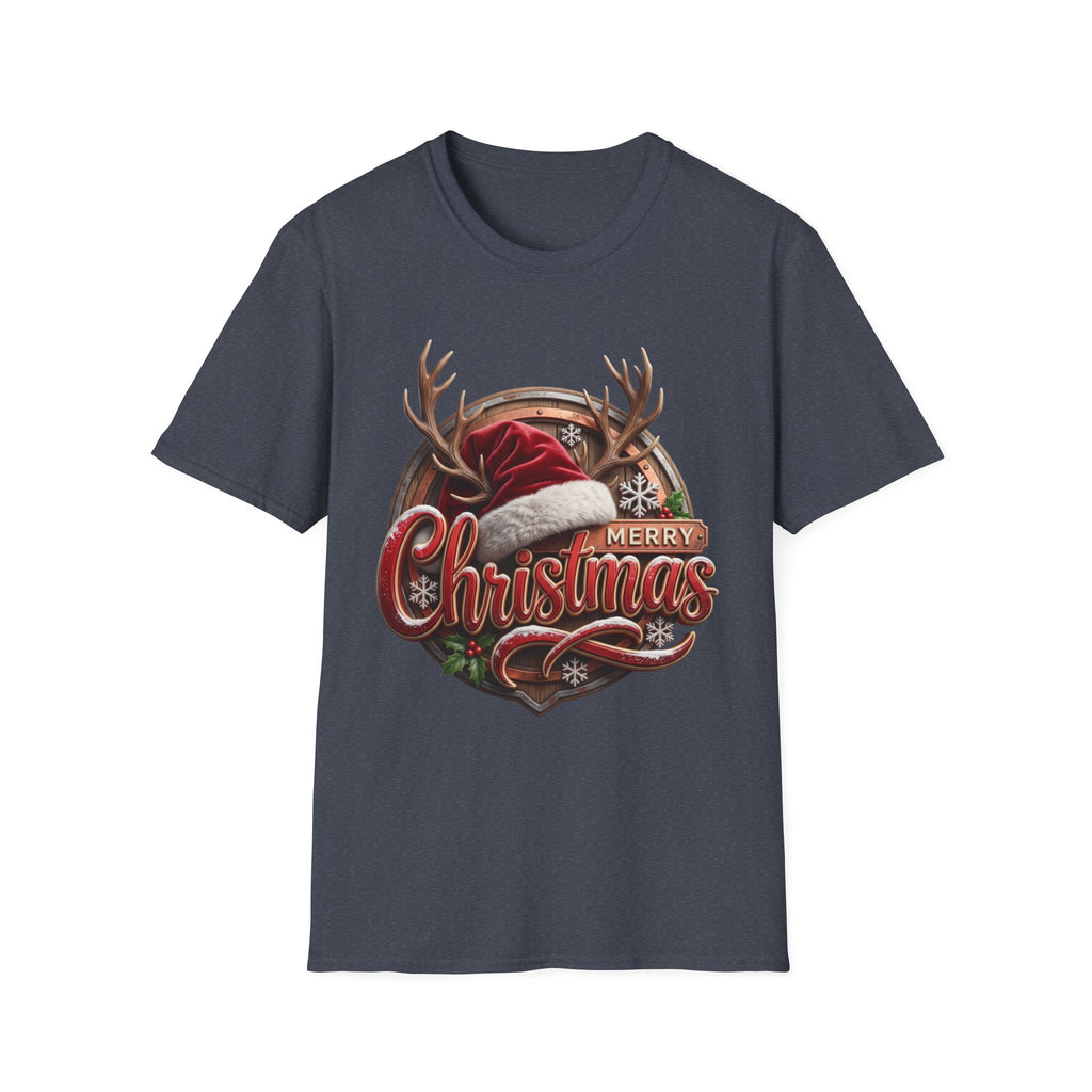 Merry Christmas Vintage Santa Hat & Antlers print on the front of a Heather Navy t-shirt, laid flat on white