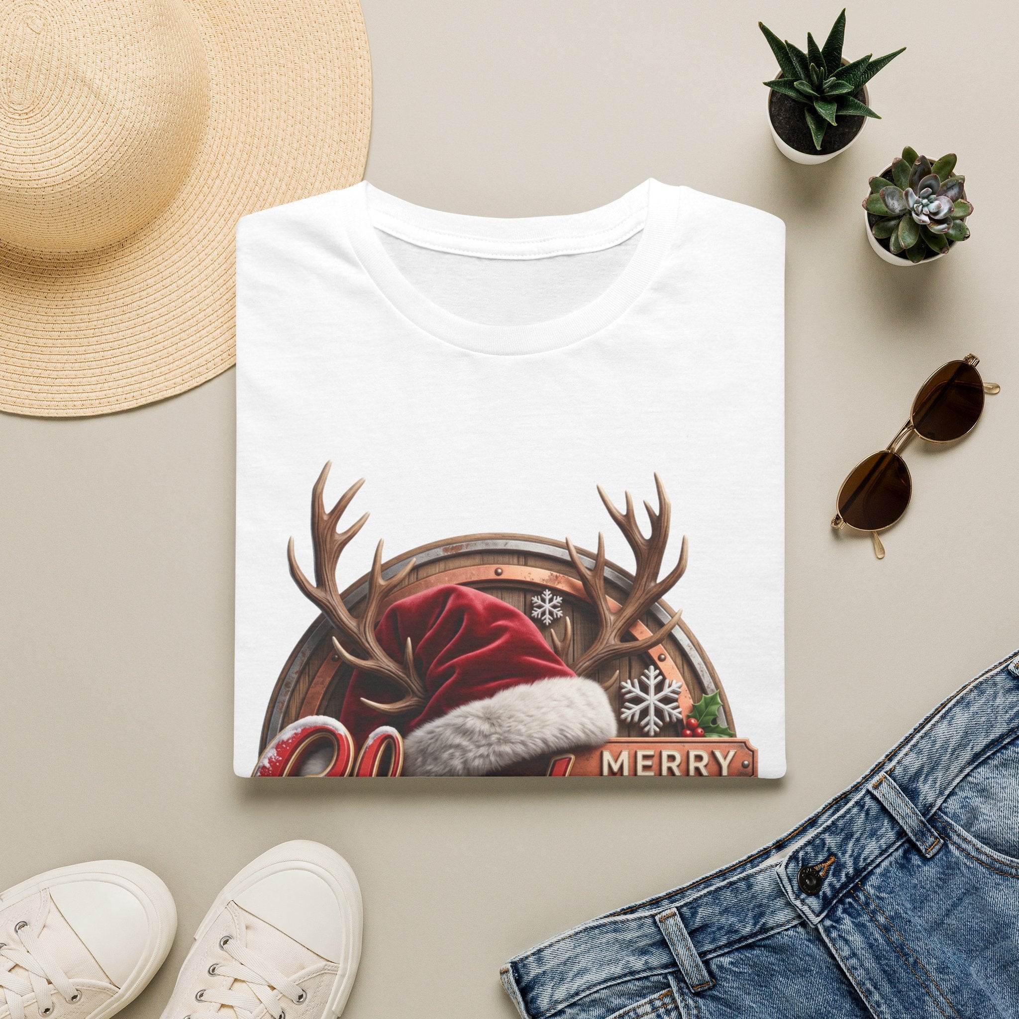 Merry Christmas Vintage Santa Hat & Antlers print on a White t-shirt, folded beside a straw hat and jeans