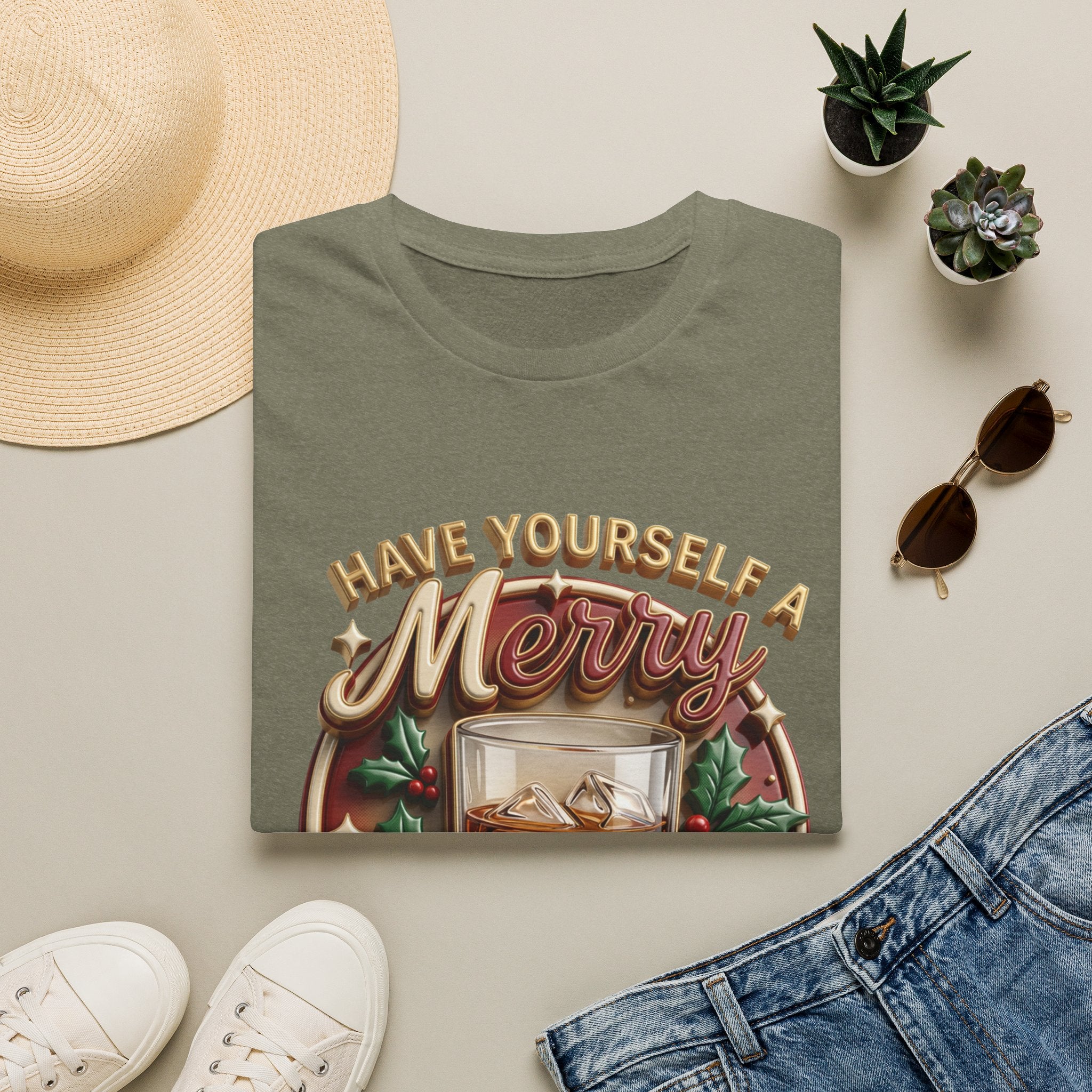 Have Yourself a Merry Little Cocktail print on a Heather Military Green t-shirt, folded beside a straw hat and jeans