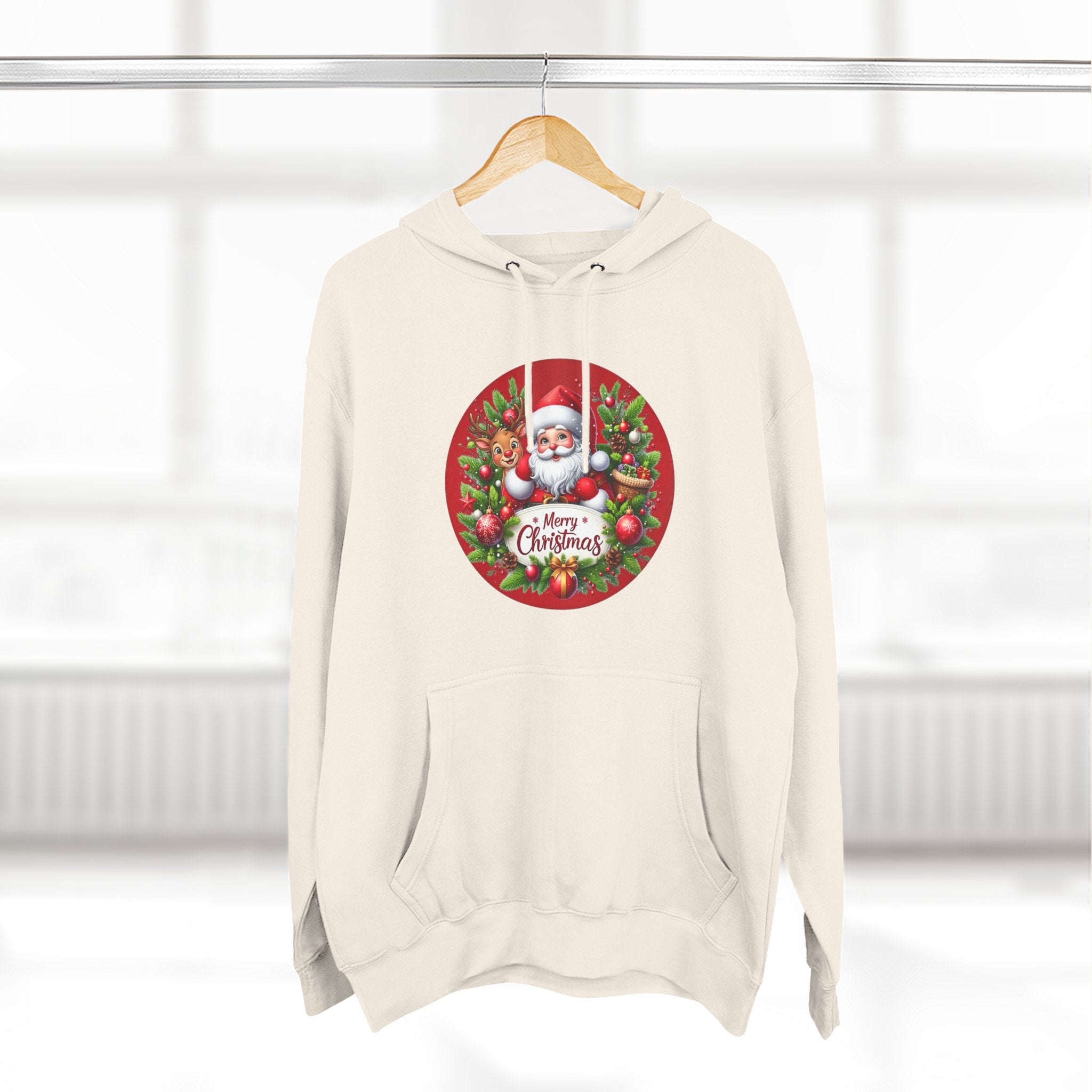 Santa & Reindeer Merry Christmas Wreath Hoodie