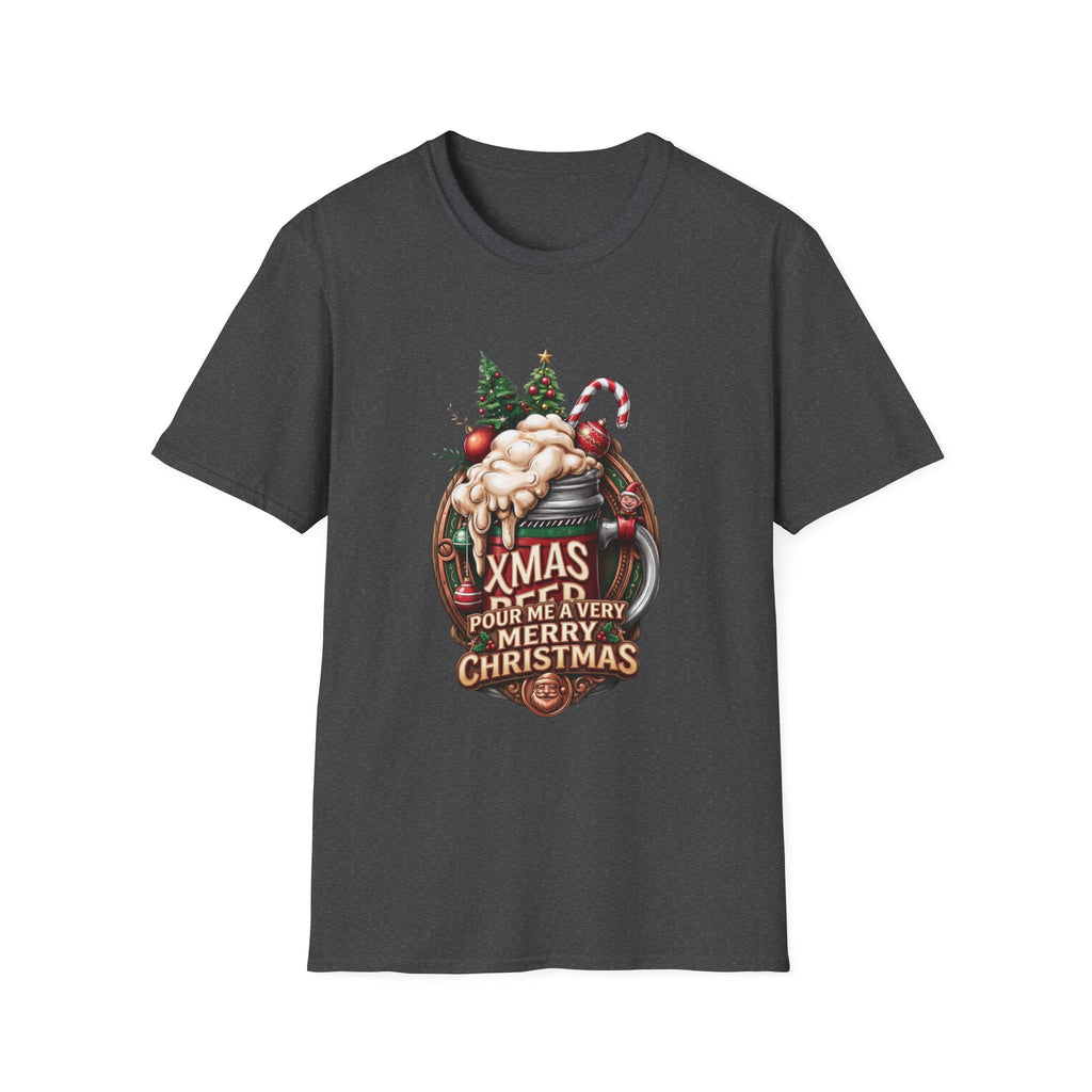 XMAS Beer Pour Me a Very Merry Christmas print on the front of a Dark Heather t-shirt, laid flat on white