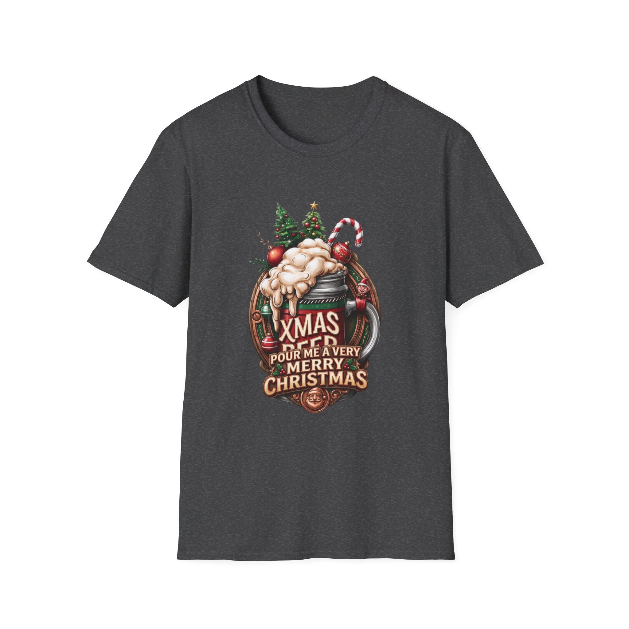 XMAS Beer Pour Me a Very Merry Christmas print on the front of a Dark Heather t-shirt, laid flat on white
