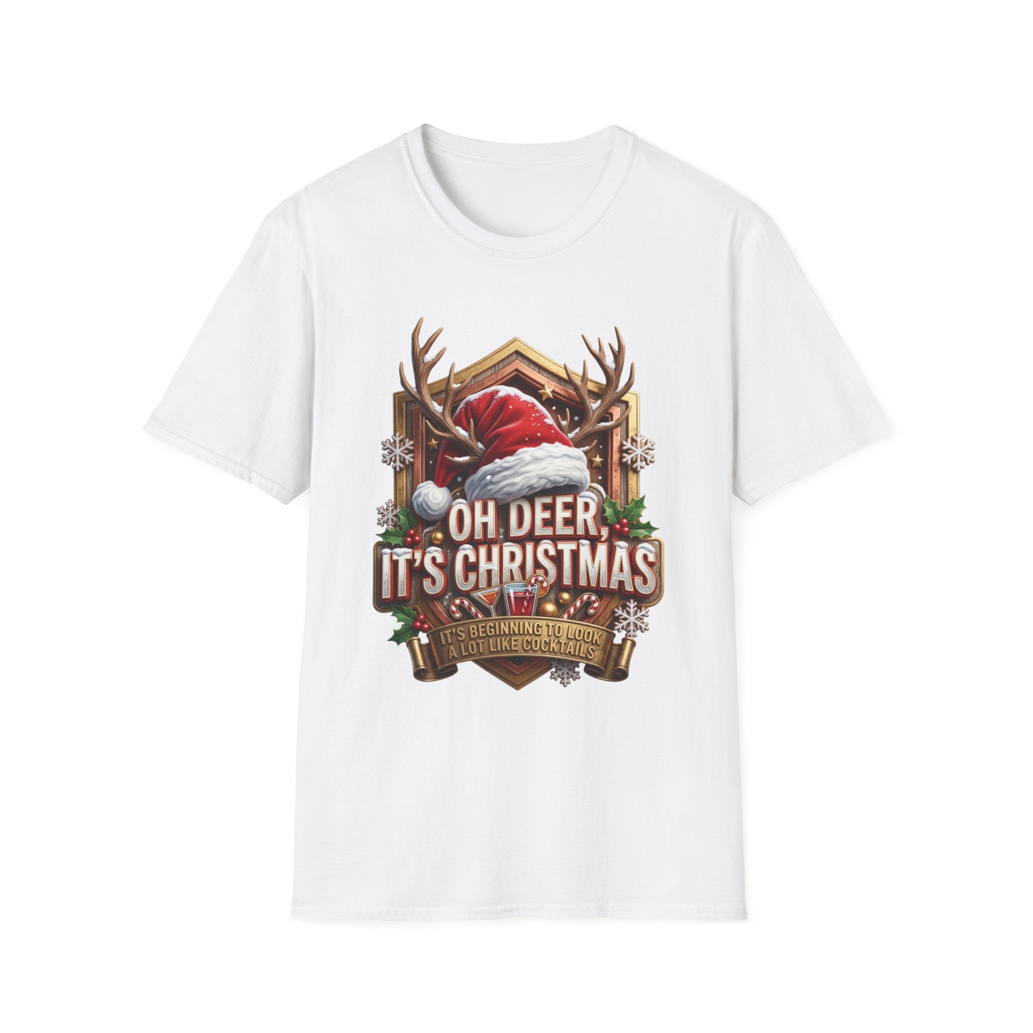 Oh Deer It's Christmas Looks a Lot Like Cocktails print on the front of a White t-shirt, laid flat on white