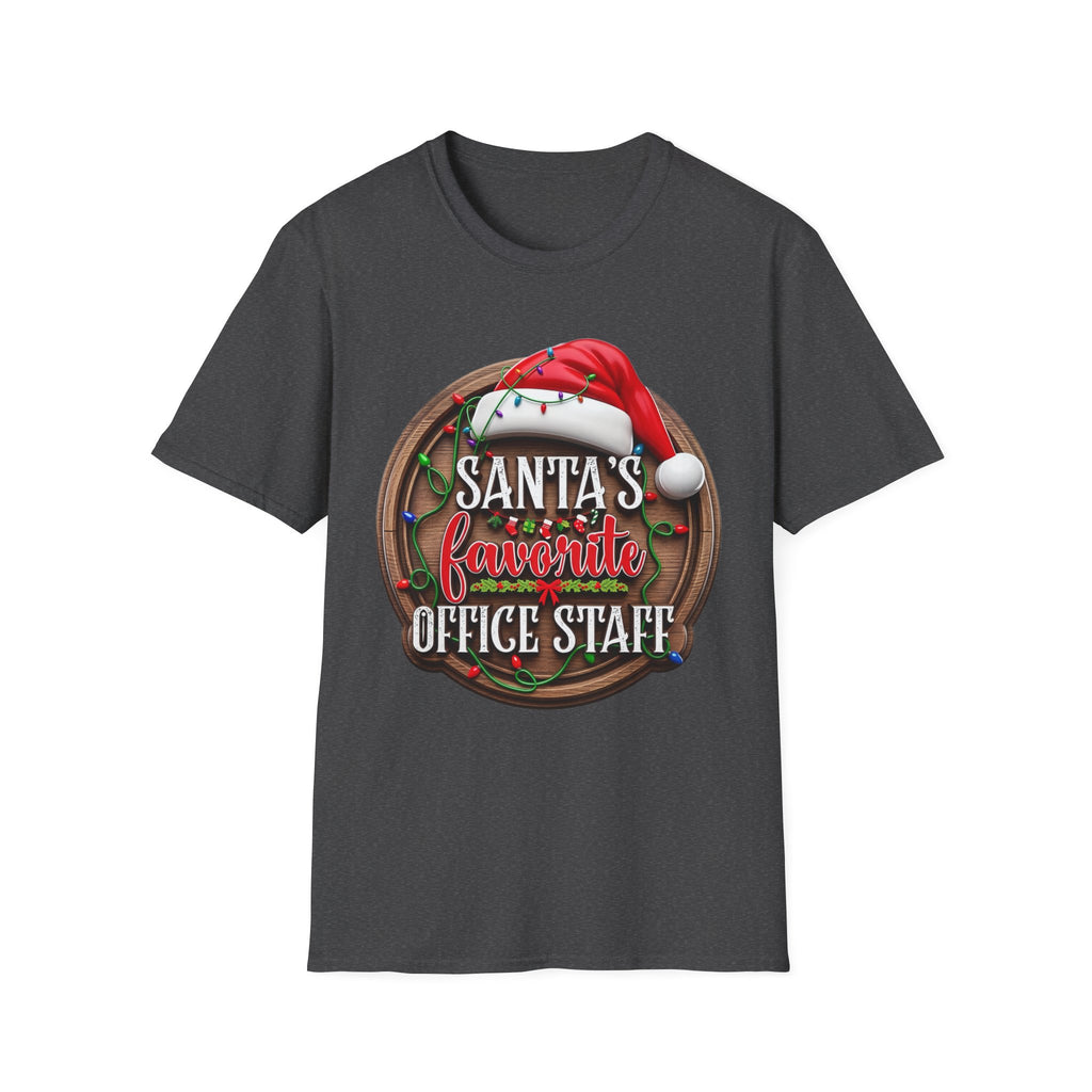 Santa's Favorite Office Staff print on the front of a Dark Heather t-shirt, laid flat on white