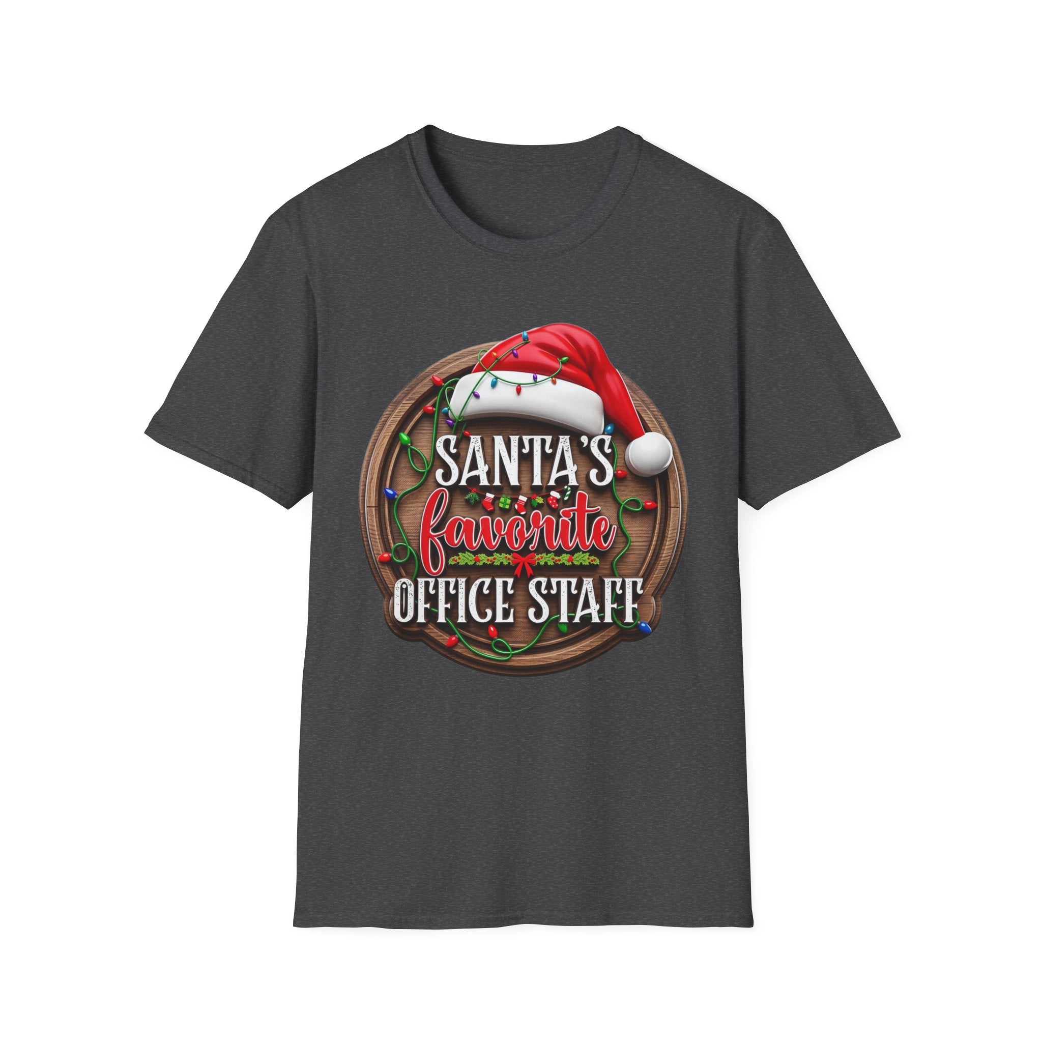 Santa's Favorite Office Staff print on the front of a Dark Heather t-shirt, laid flat on white
