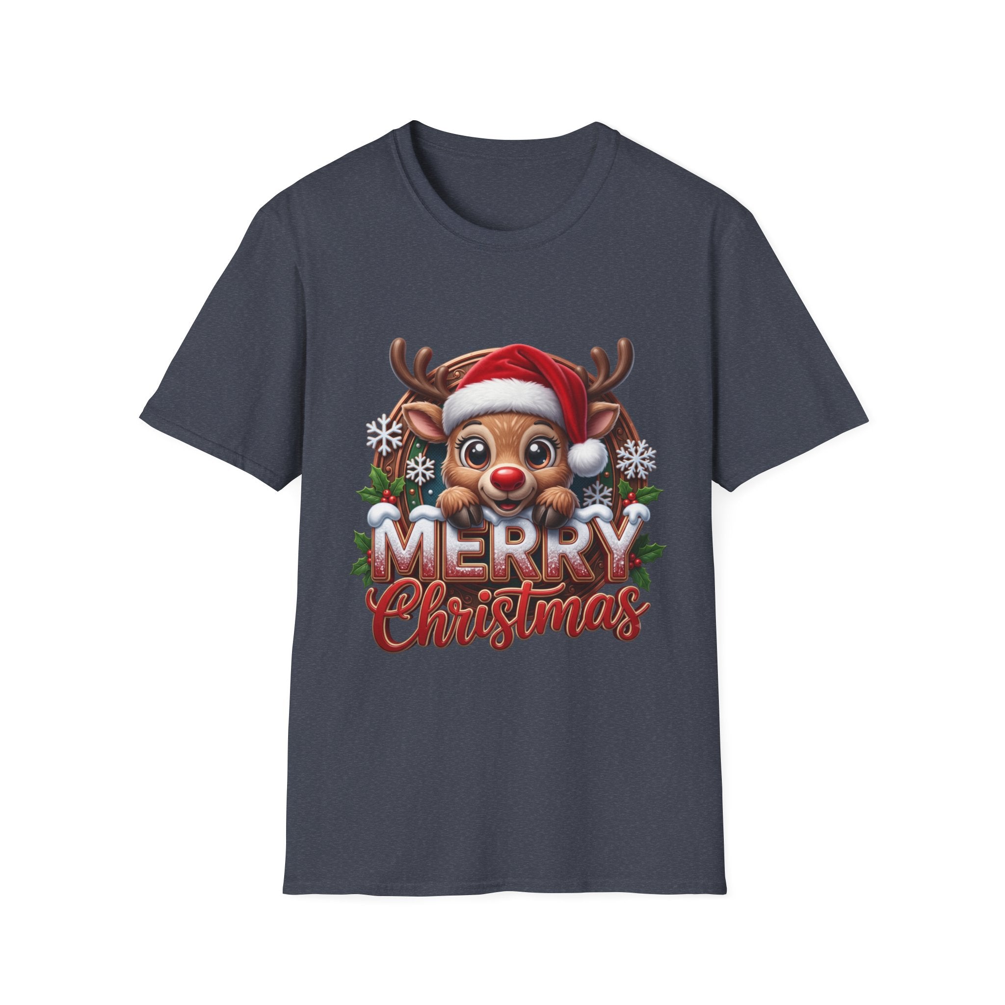 Cute Red-Nosed Reindeer print on the front of a Heather Navy t-shirt, laid flat on white