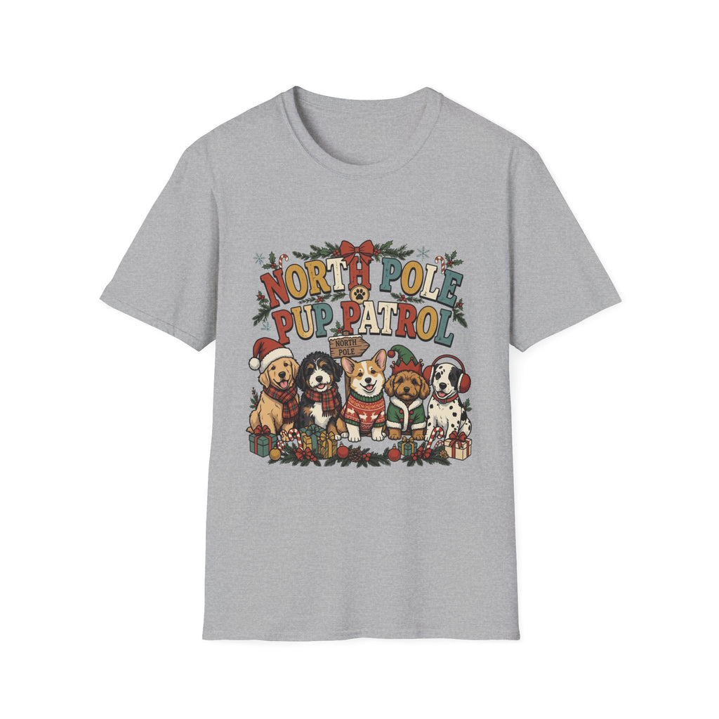 North Pole Pup Patrol Christmas Dogs print on the front of a Sport Grey t-shirt, laid flat on white