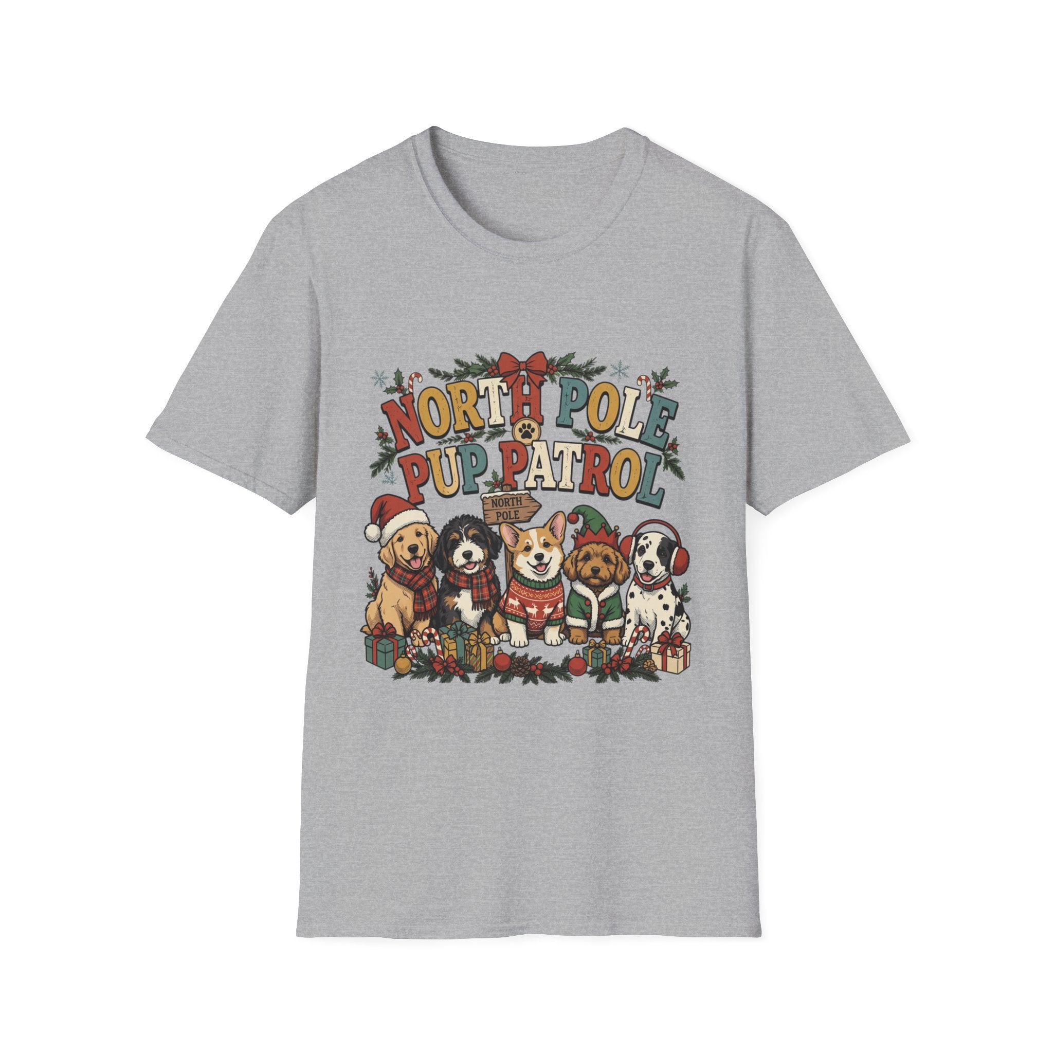 North Pole Pup Patrol Christmas Dogs print on the front of a Sport Grey t-shirt, laid flat on white