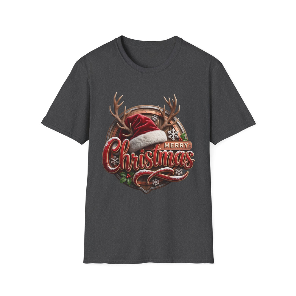 Merry Christmas Vintage Santa Hat & Antlers print on the front of a Dark Heather t-shirt, laid flat on white
