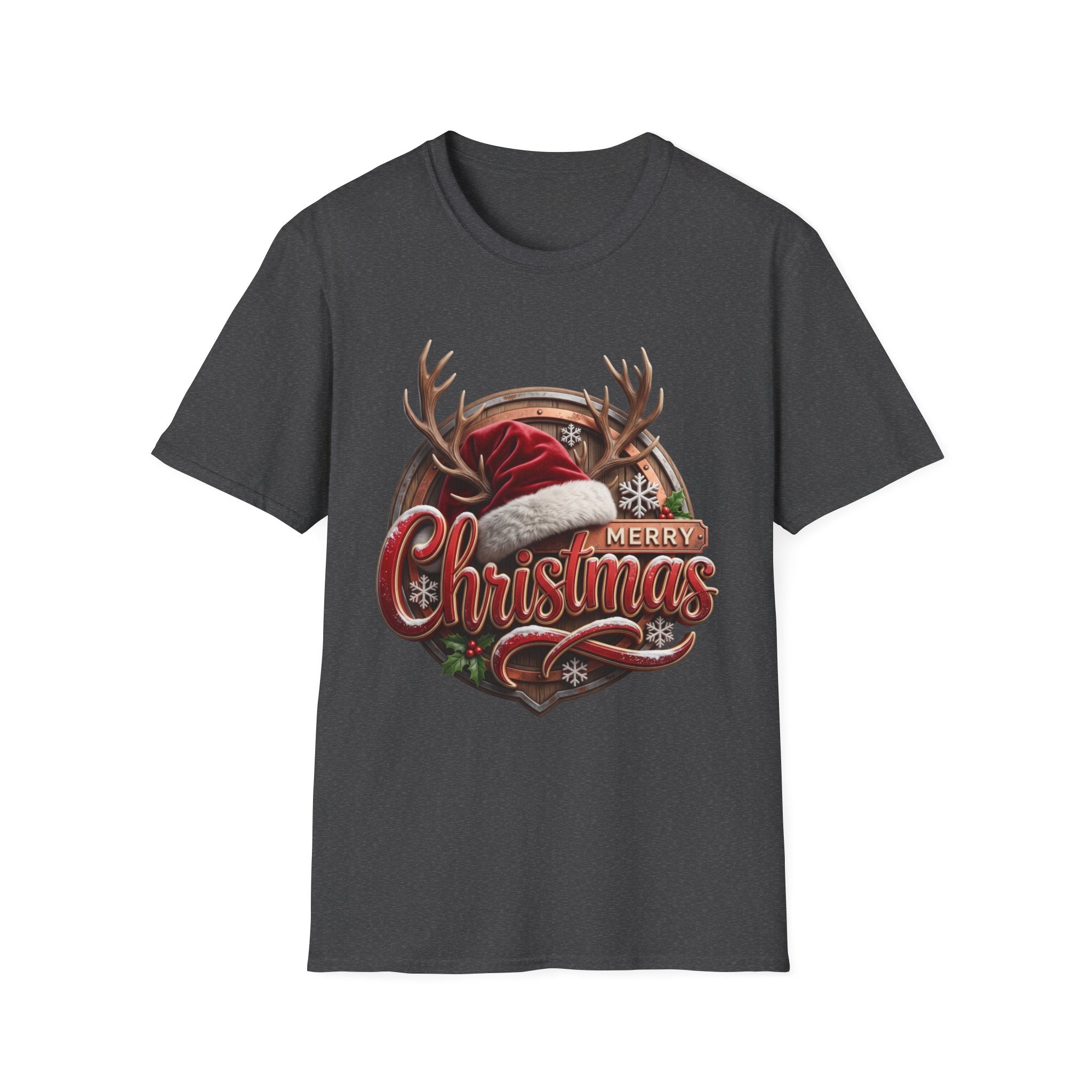 Merry Christmas Vintage Santa Hat & Antlers print on the front of a Dark Heather t-shirt, laid flat on white