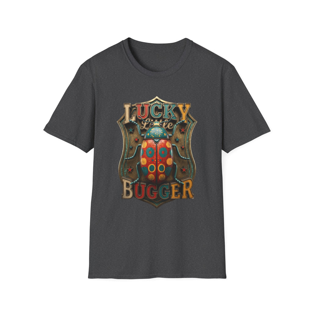 Lucky Little Bugger Vintage Beetle print on the front of a Dark Heather t-shirt, laid flat on white