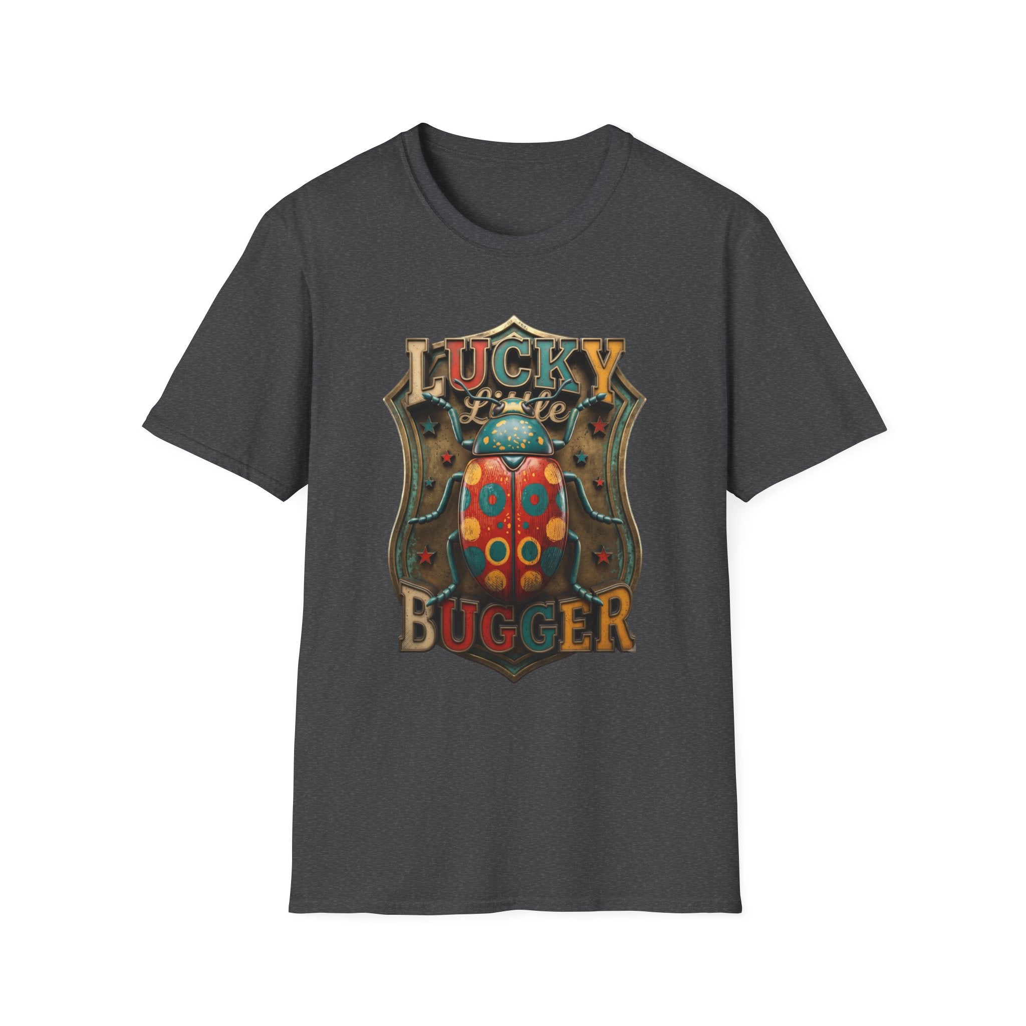 Lucky Little Bugger Vintage Beetle print on the front of a Dark Heather t-shirt, laid flat on white