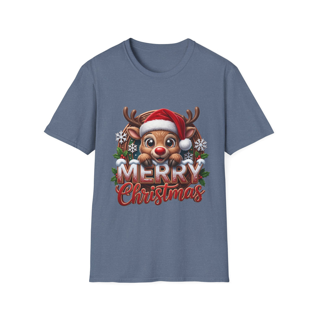 Cute Red-Nosed Reindeer print on the front of a Heather Indigo t-shirt, laid flat on white