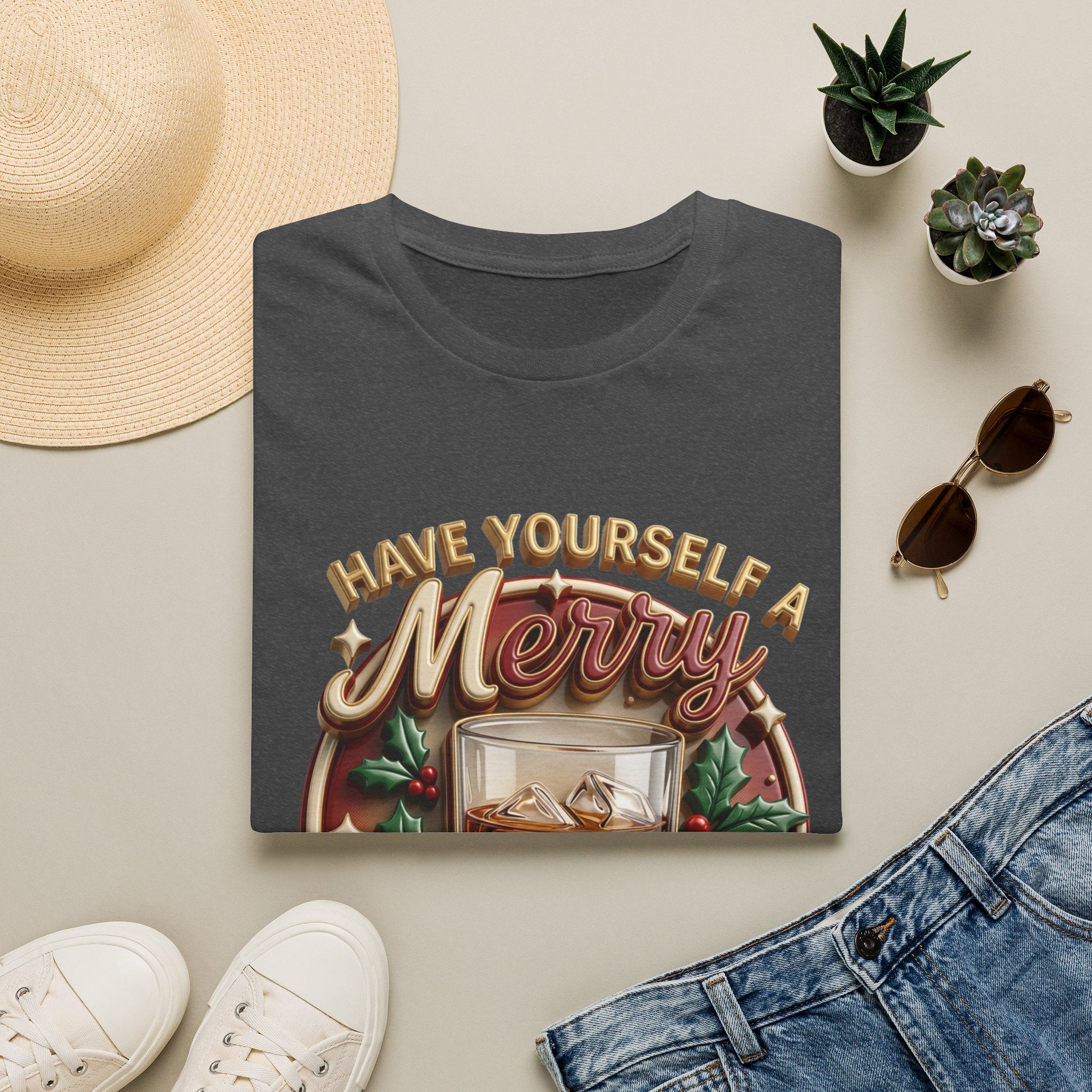 Have Yourself a Merry Little Cocktail print on a Dark Heather t-shirt, folded beside a straw hat and jeans