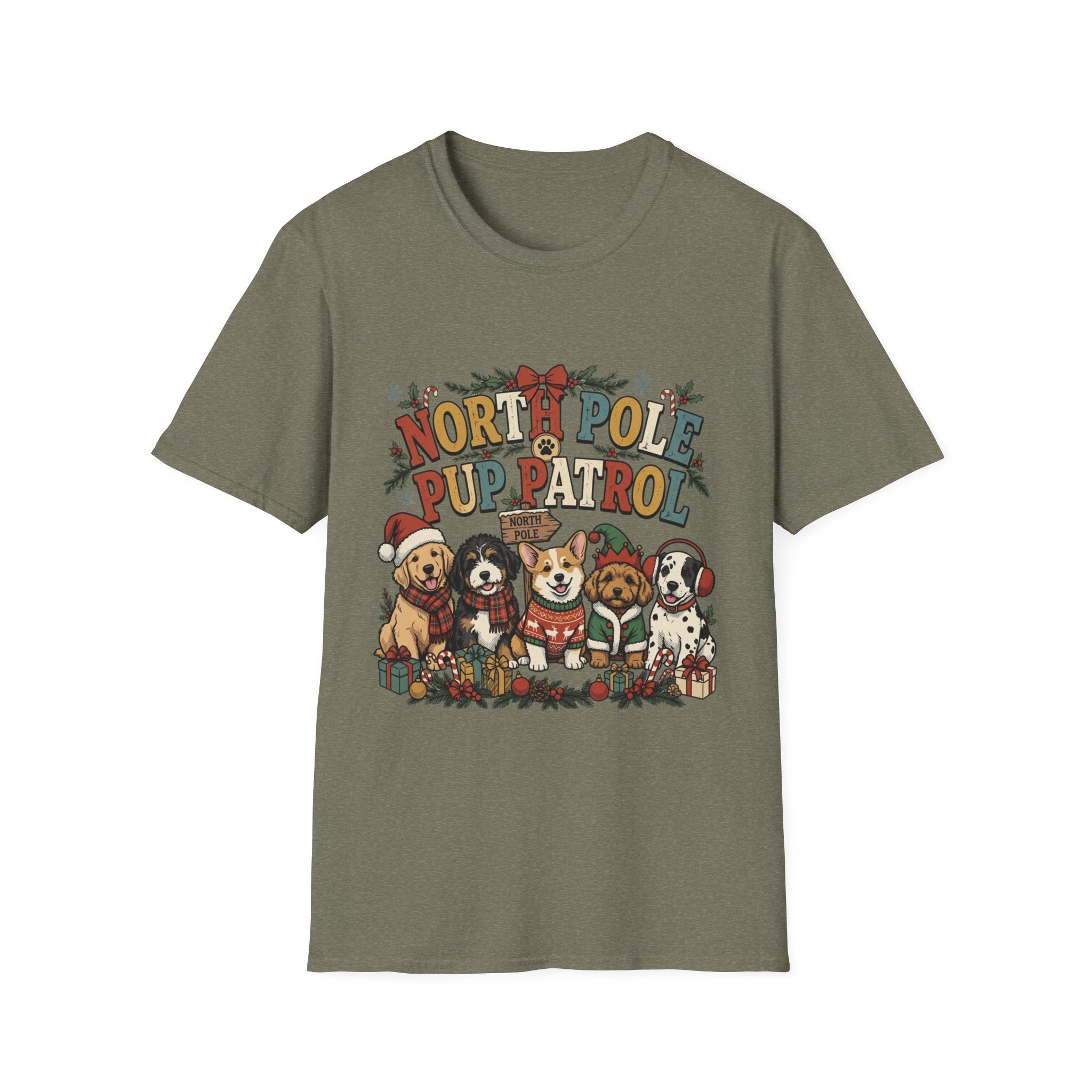 North Pole Pup Patrol Christmas Dogs print on the front of a Heather Military Green t-shirt, laid flat on white