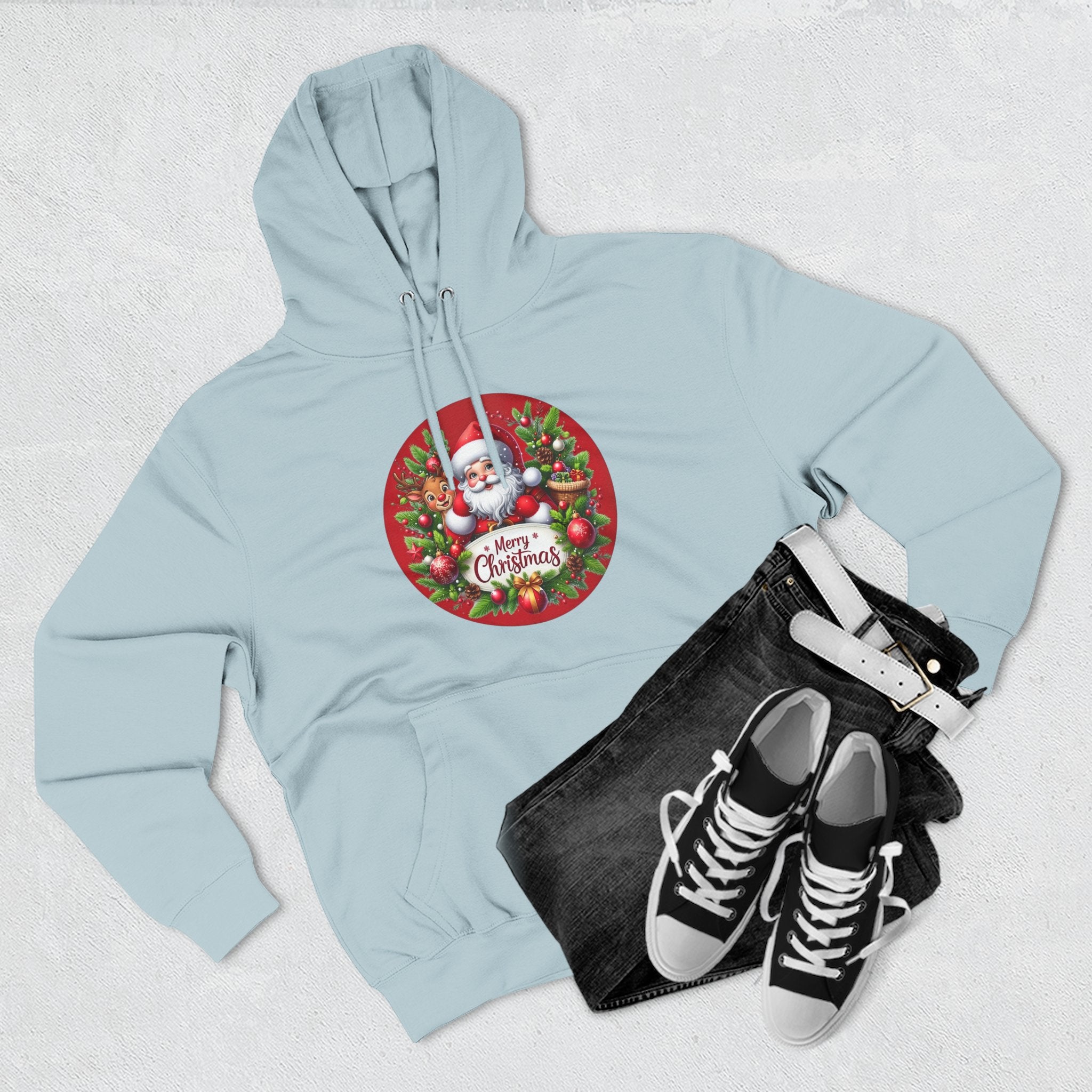 Santa & Reindeer Merry Christmas Wreath Hoodie