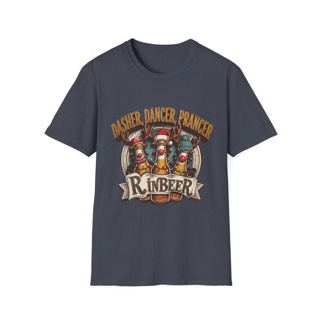 Dasher Dancer Prancer Reinbeer Christmas Beer print on the front of a Heather Navy t-shirt, laid flat on white