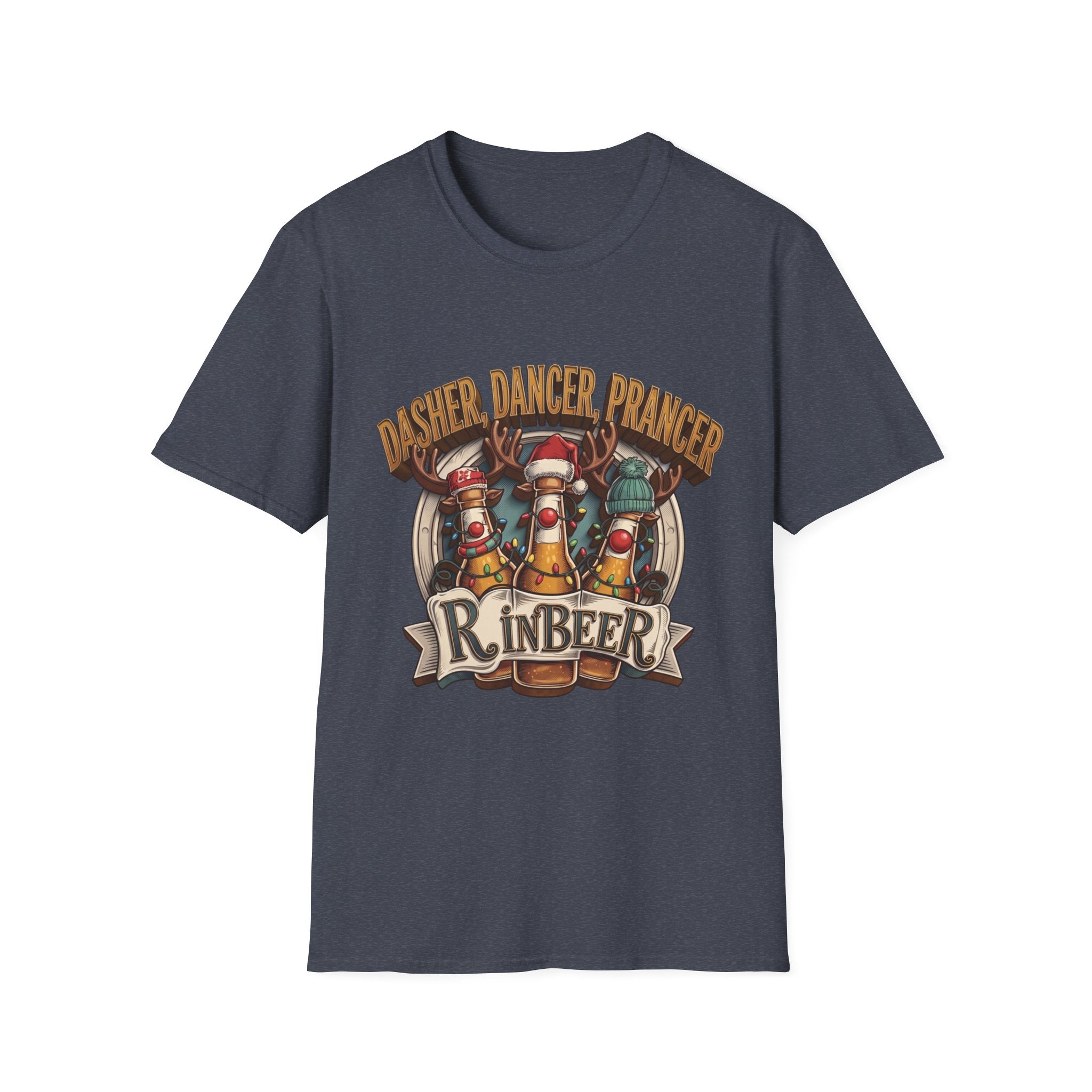 Dasher Dancer Prancer Reinbeer Christmas Beer print on the front of a Heather Navy t-shirt, laid flat on white