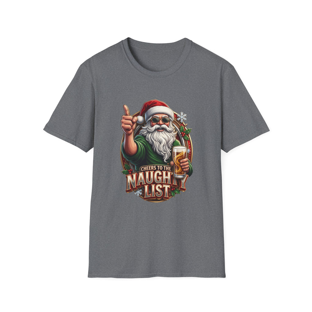 Cheers to the Naughty List Santa Beer print on the front of a Graphite Heather t-shirt, laid flat on white