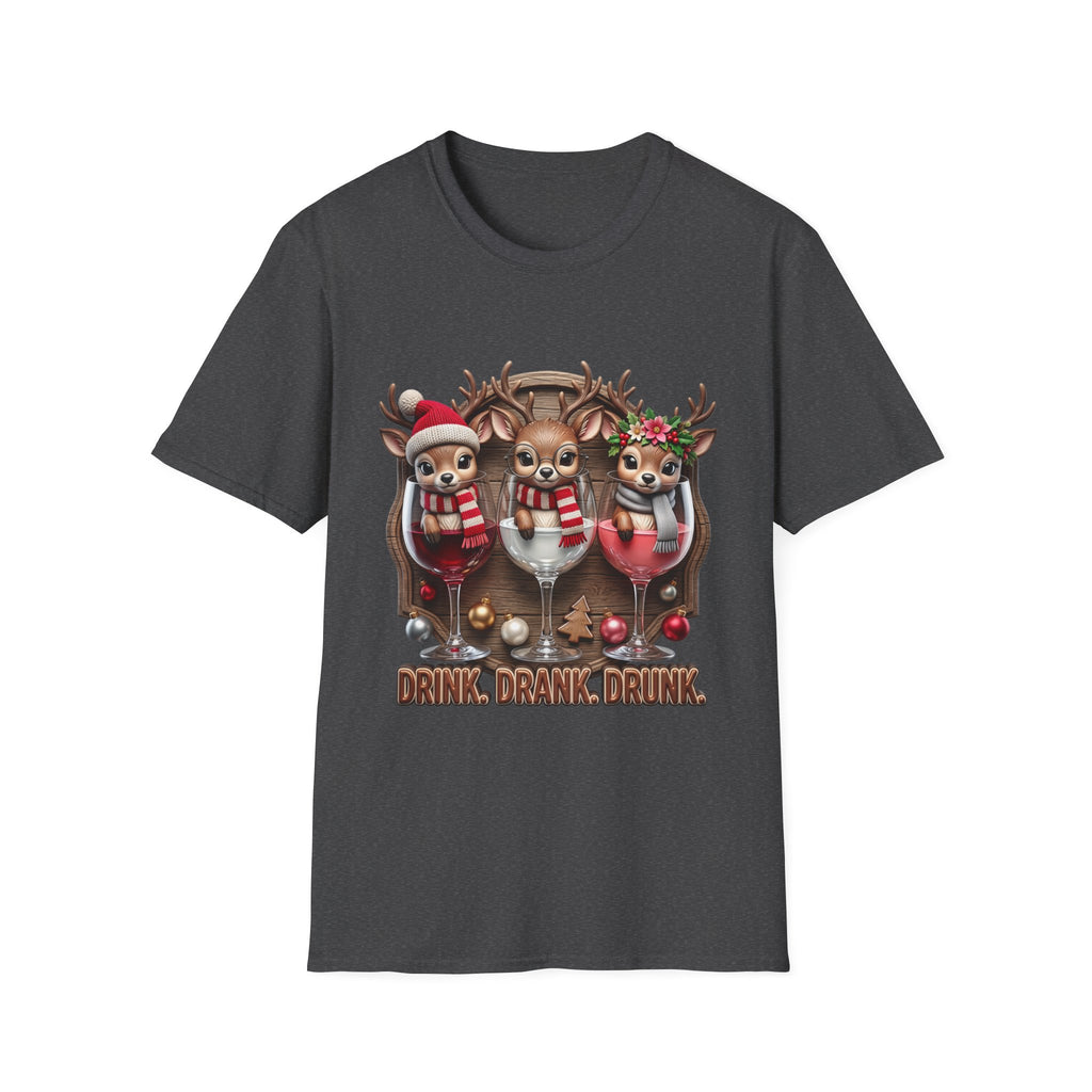 Drink Drank Drunk Reindeer Wine Trio print on the front of a Dark Heather t-shirt, laid flat on white