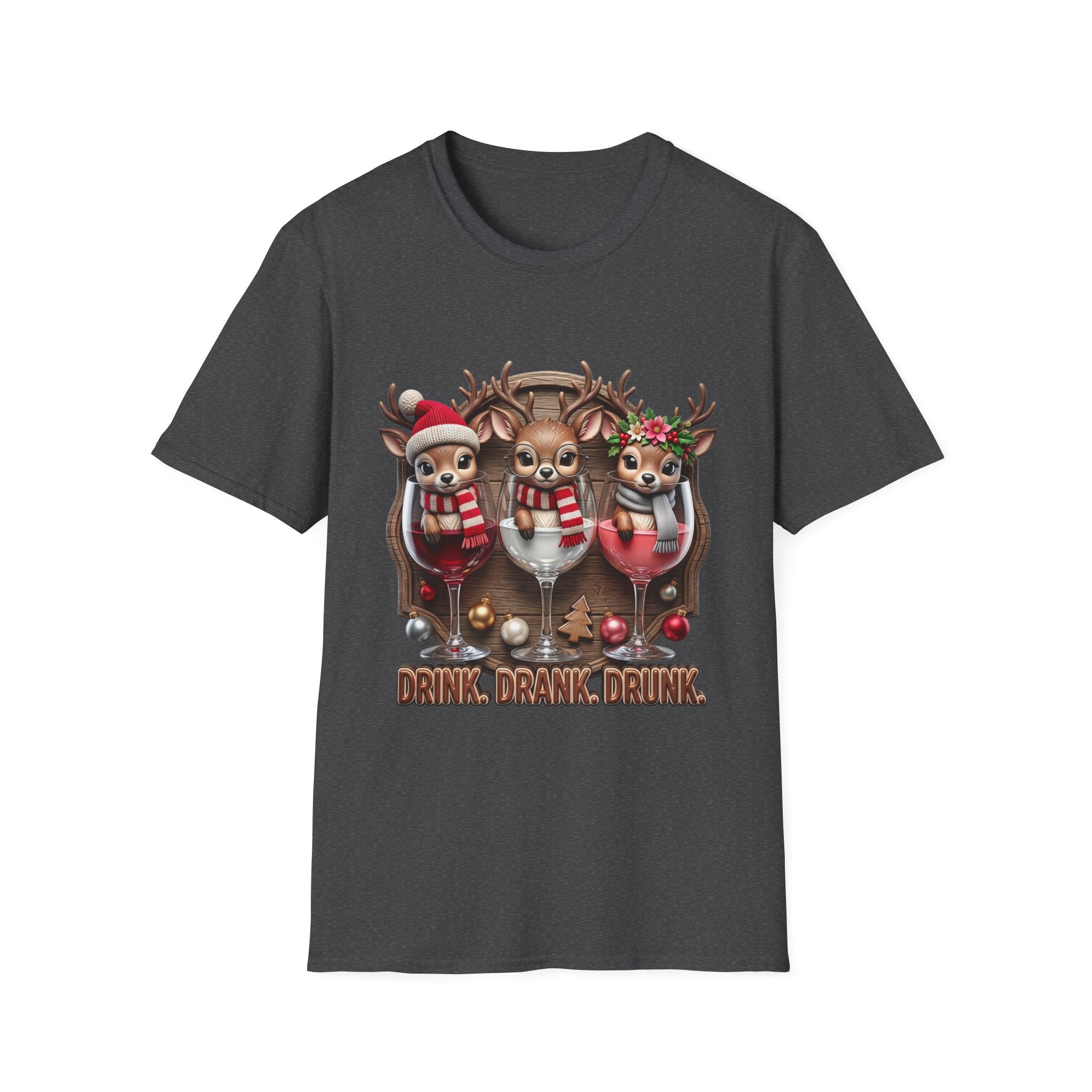 Drink Drank Drunk Reindeer Wine Trio print on the front of a Dark Heather t-shirt, laid flat on white