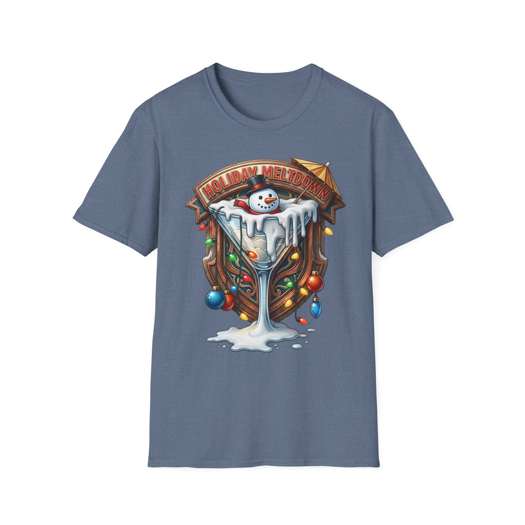 Holiday Meltdown Snowman Martini print on the front of a Heather Indigo t-shirt, laid flat on white
