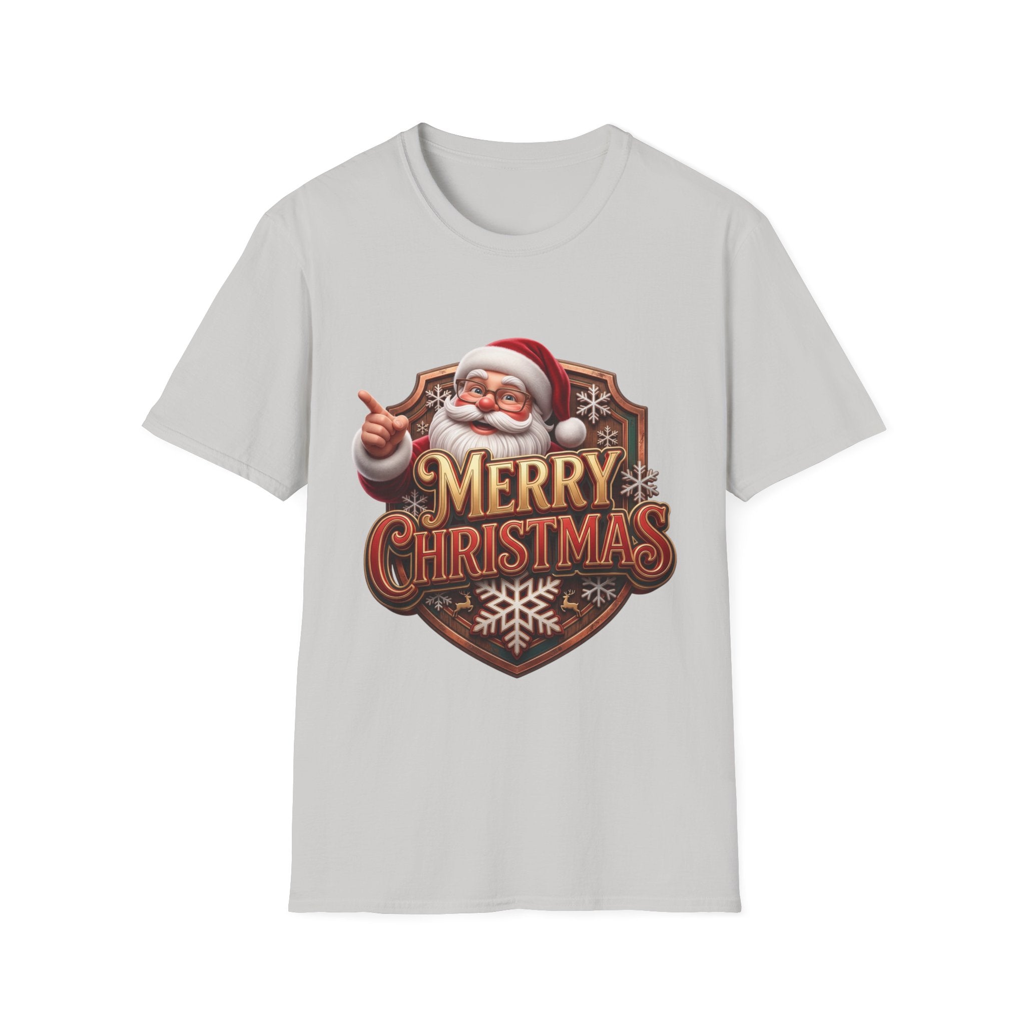 Vintage Santa Merry Christmas Badge print on the front of an Ice Grey t-shirt, laid flat on white