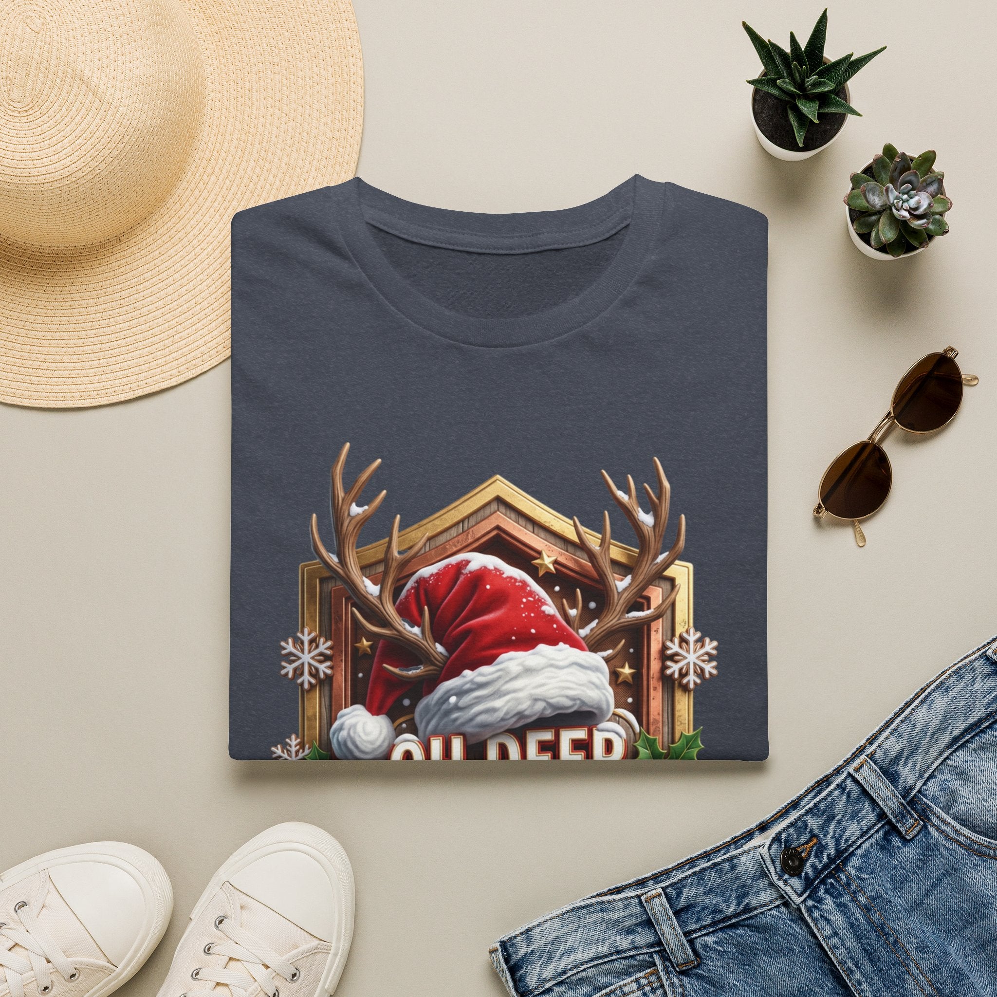 Oh Deer It's Christmas Looks a Lot Like Cocktails print on a Heather Navy t-shirt, folded beside a straw hat and jeans