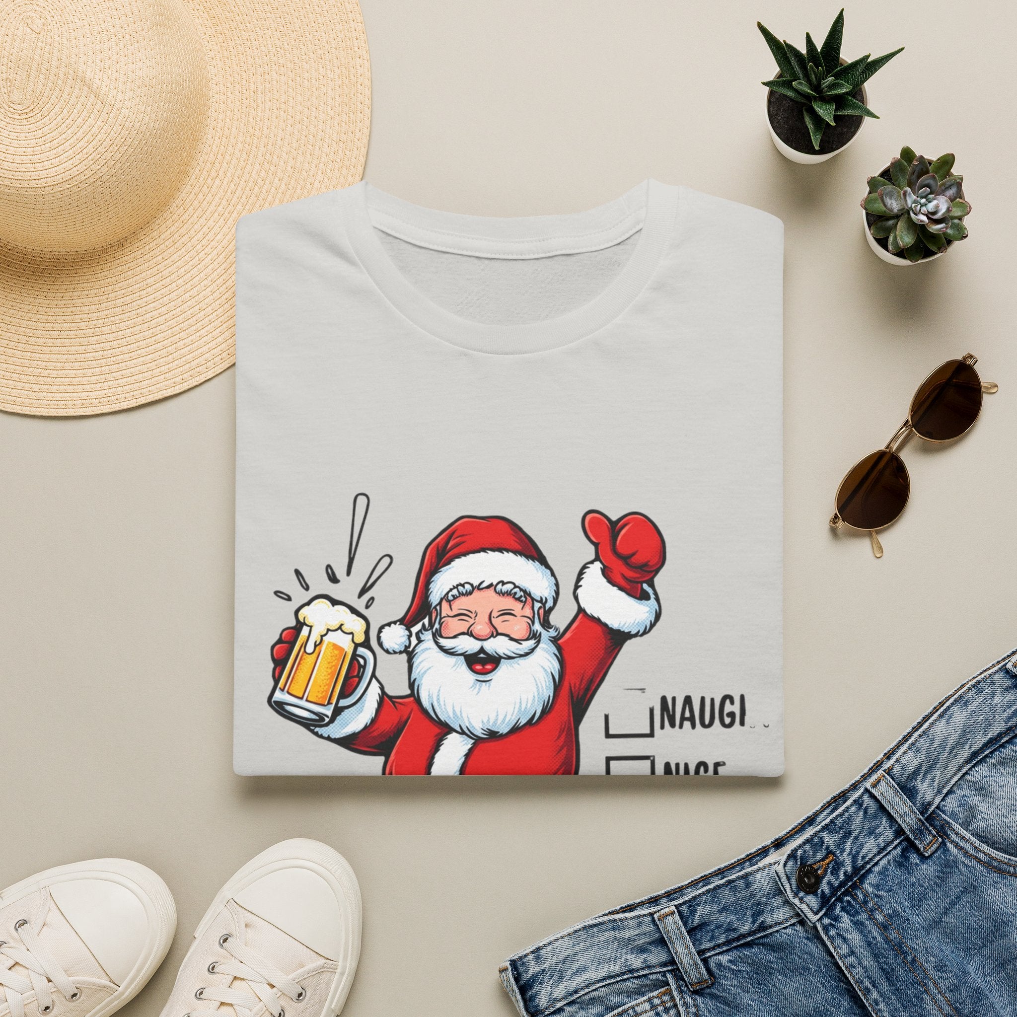 Naughty Nice Drunk Santa Beer Checklist print on an Ice Grey t-shirt, folded beside a straw hat and jeans