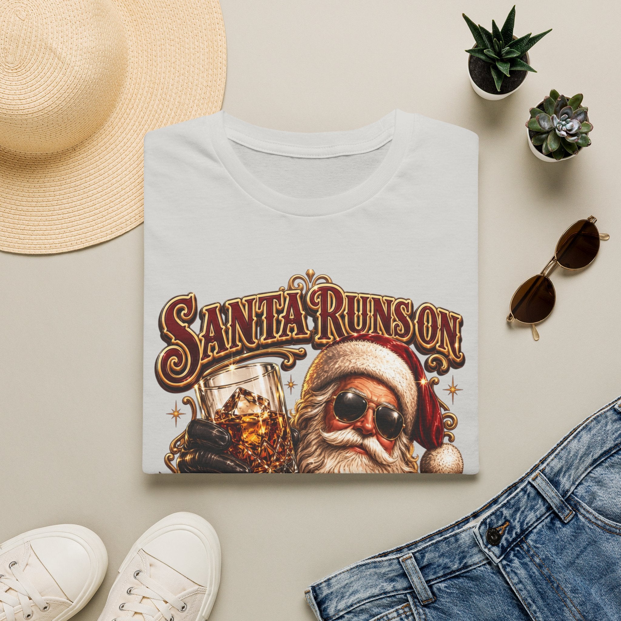 Santa Runs on Bourbon Vintage Whiskey print on an Ice Grey t-shirt, folded beside a straw hat and jeans